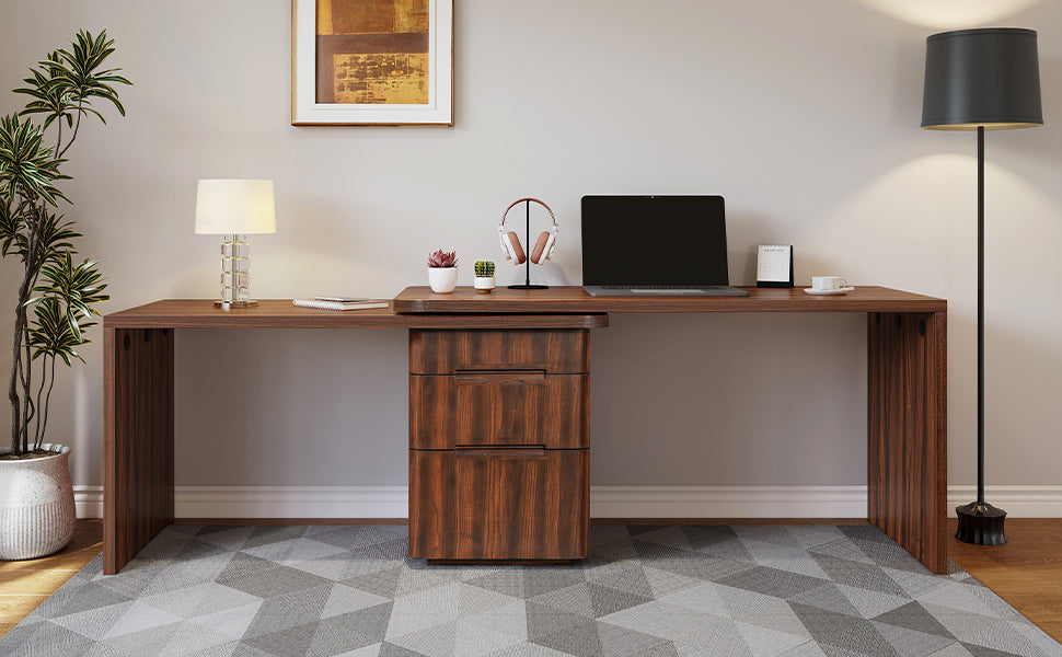 Walnut L-shaped desk with 3 drawers and 360-degree rotation from Anthony & Home, featuring a modern office workspace design.