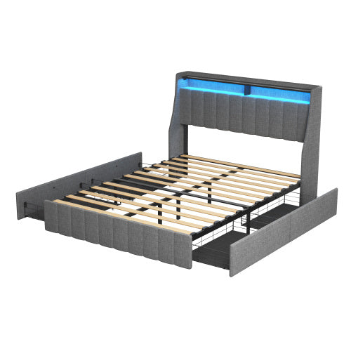 Full Size Bed Frame With Led And Under Bed Storage Drawers