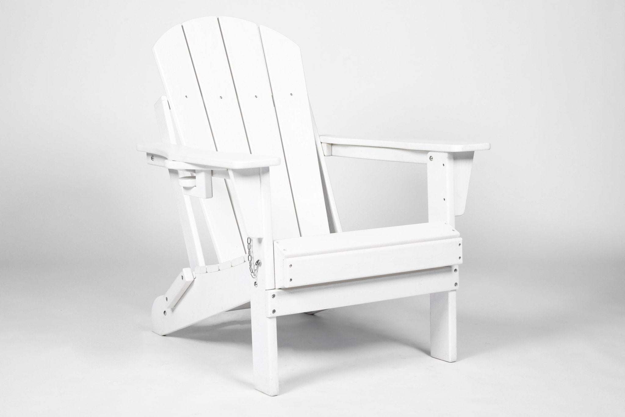 White Virgin HDPE folding Adirondack chair and side table set by Anthony & Home for outdoor living.