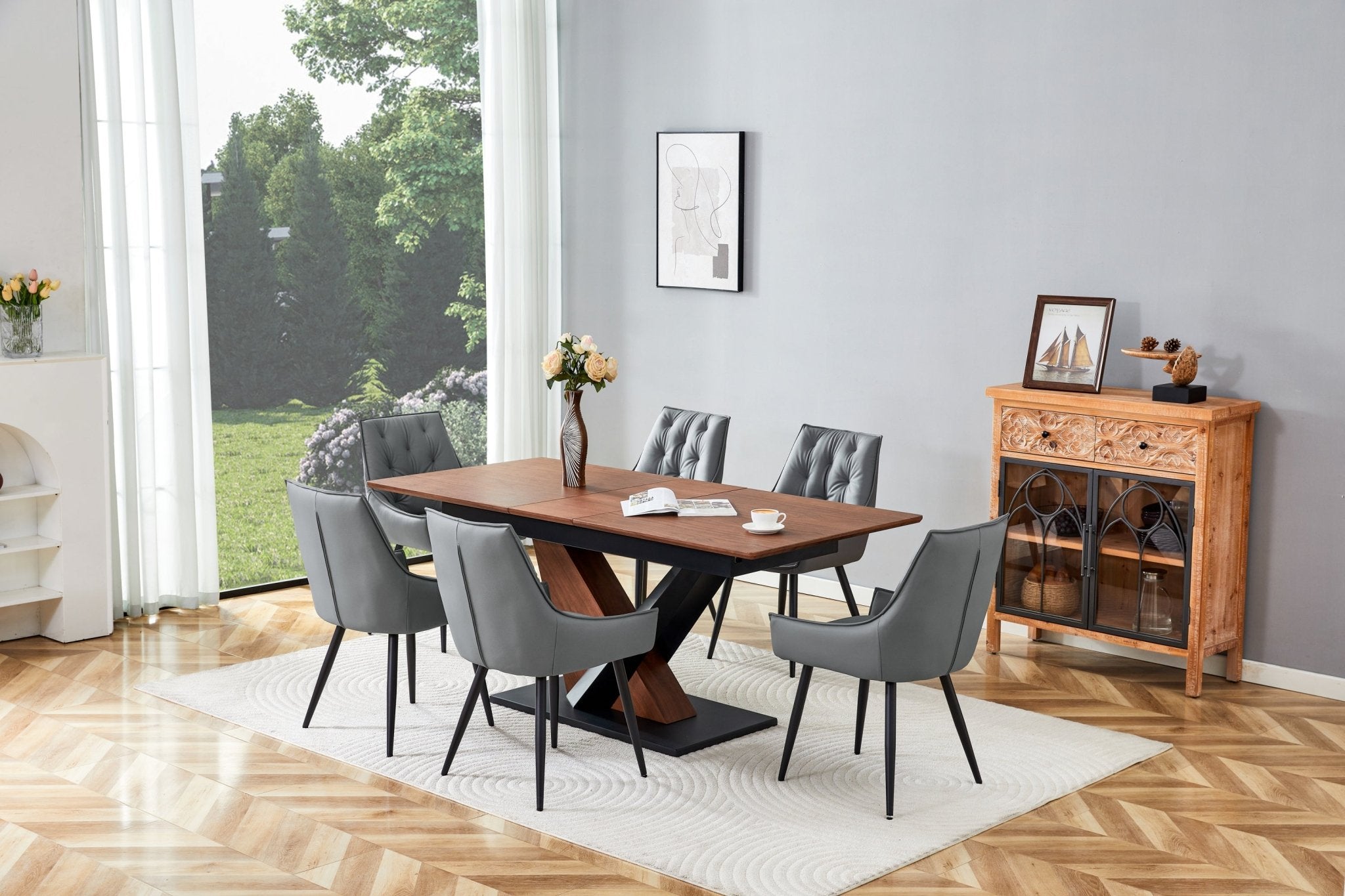 Dark walnut dining table with marble veneer top by Anthony & Home, showcasing a sleek, modern design in a studio setting.