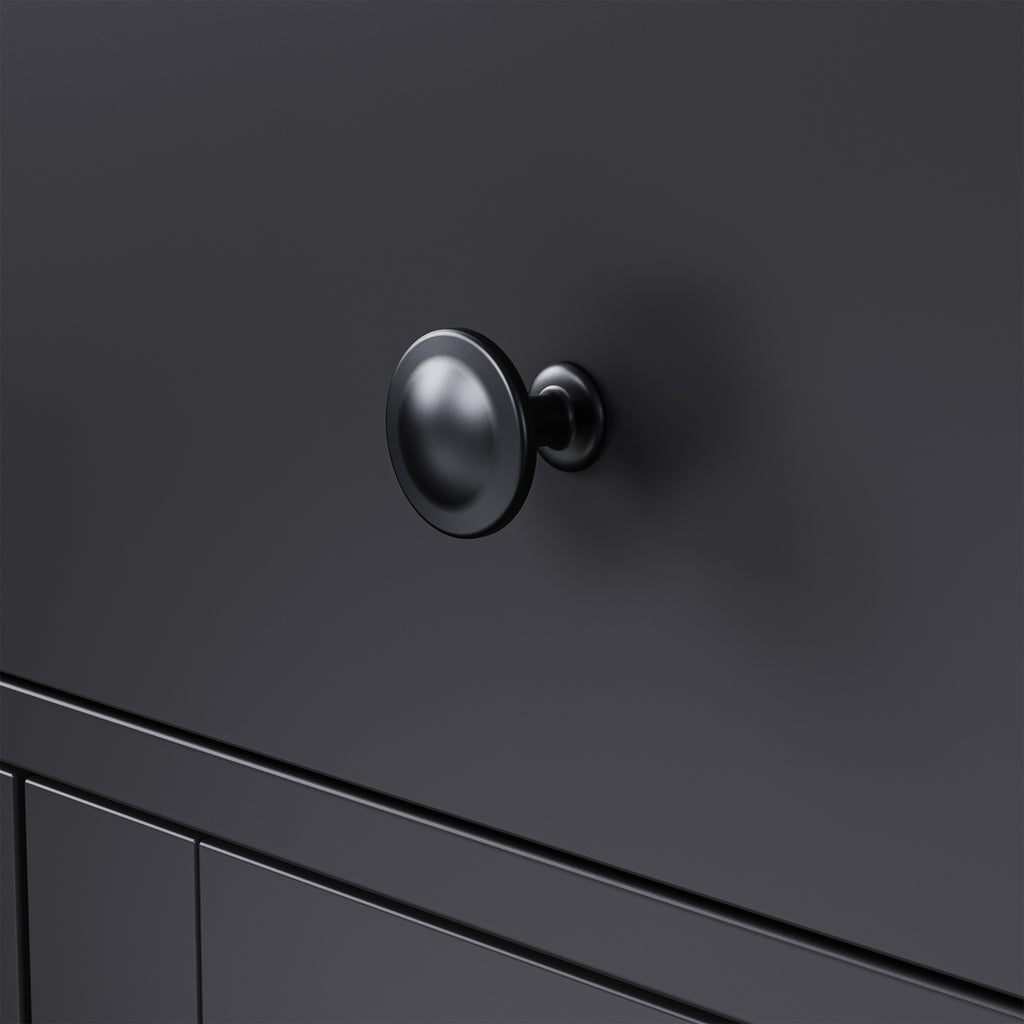 Black farmhouse storage cabinet with solid wood gourd-shaped legs from Anthony & Home Studio Collection, showcasing its rustic design.