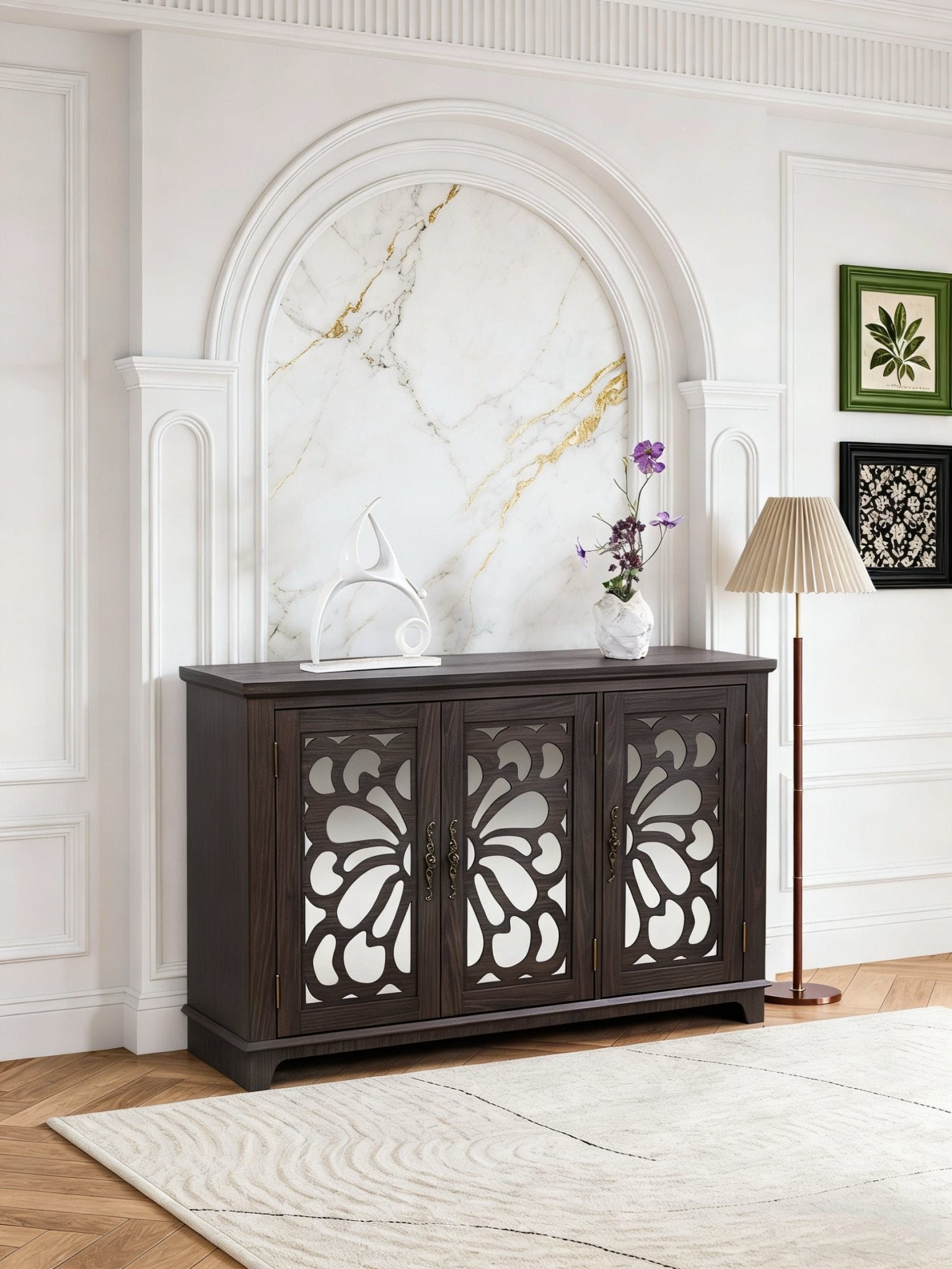 Heritage walnut sideboard by Anthony & Home with mirrored doors and adjustable shelves, measuring 49.3 x 15.6 inches