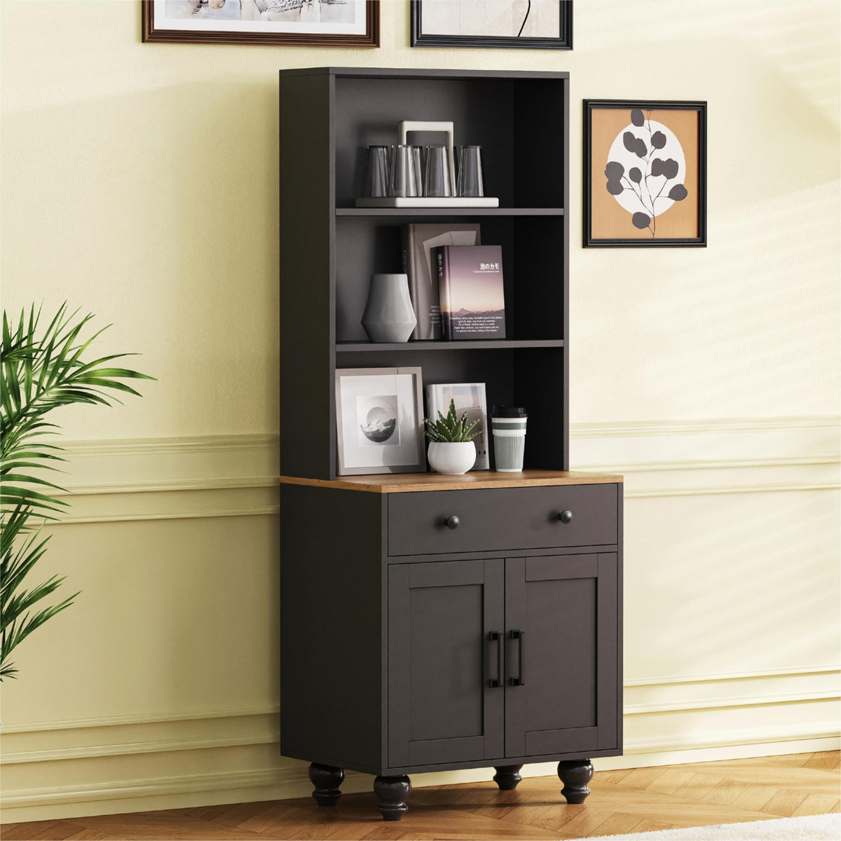 Black farmhouse storage cabinet by Anthony & Home with solid wood gourd-shaped legs, part of the Studio Collection.