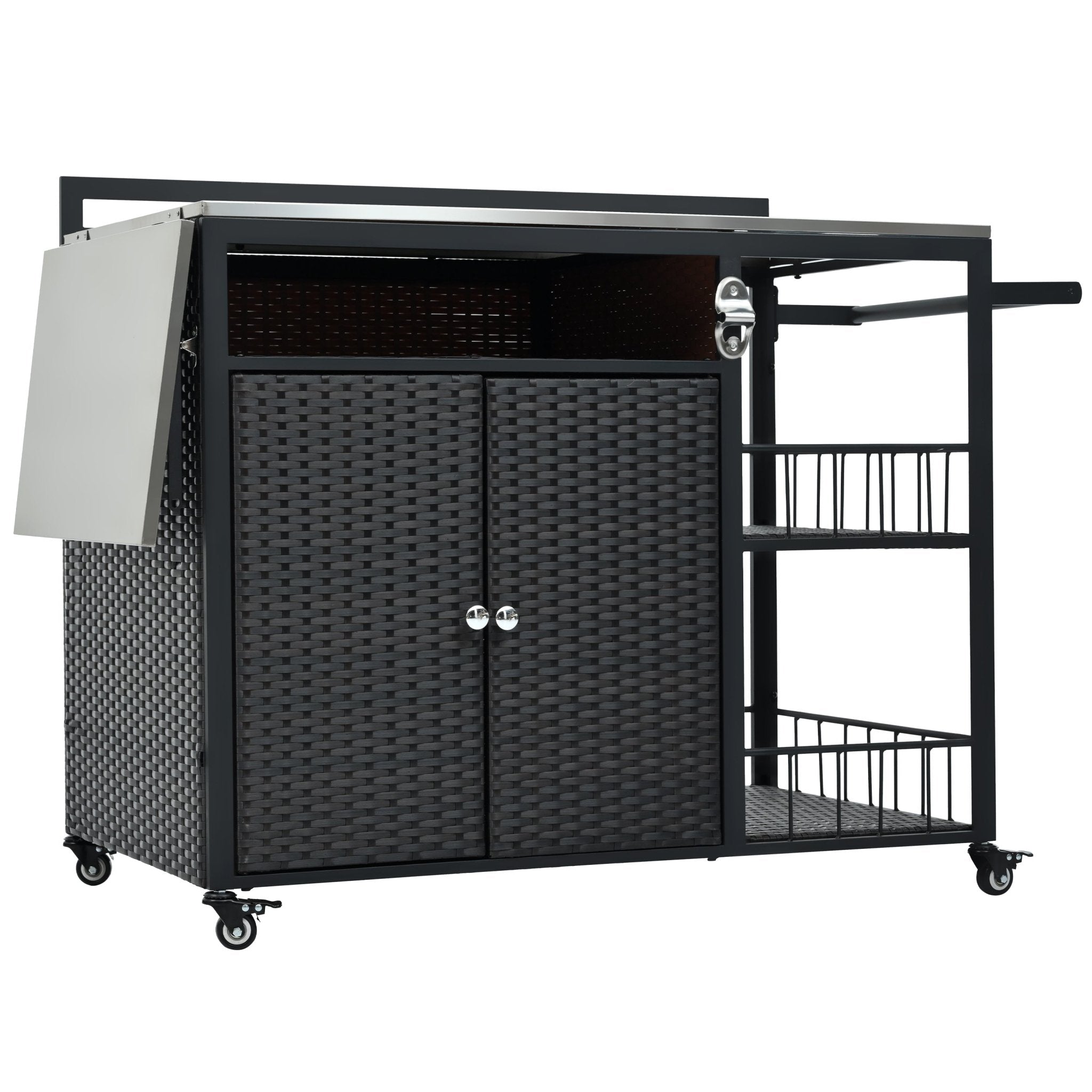 Outdoor kitchen island with storage and folding tabletop in dark brown PE rattan from Anthony & Home's premium collection