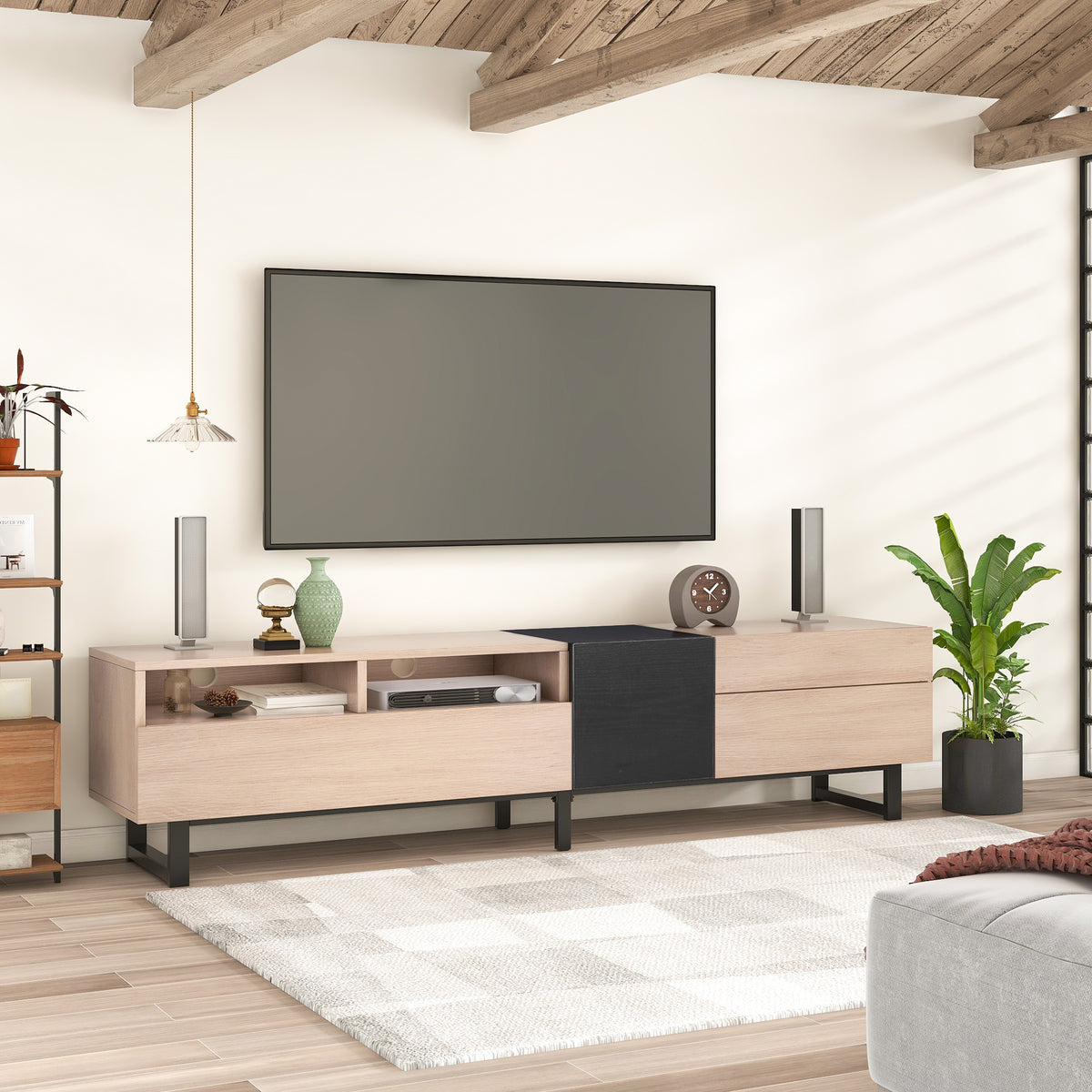 Natural wood TV console with dual storage drawers by Anthony & Home, featuring a sleek modern design.