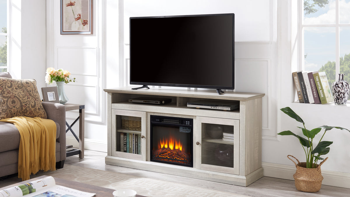 Stone gray finish Studio TV media console with built-in fireplace, sleek Anthony & Home furniture for modern living rooms.
