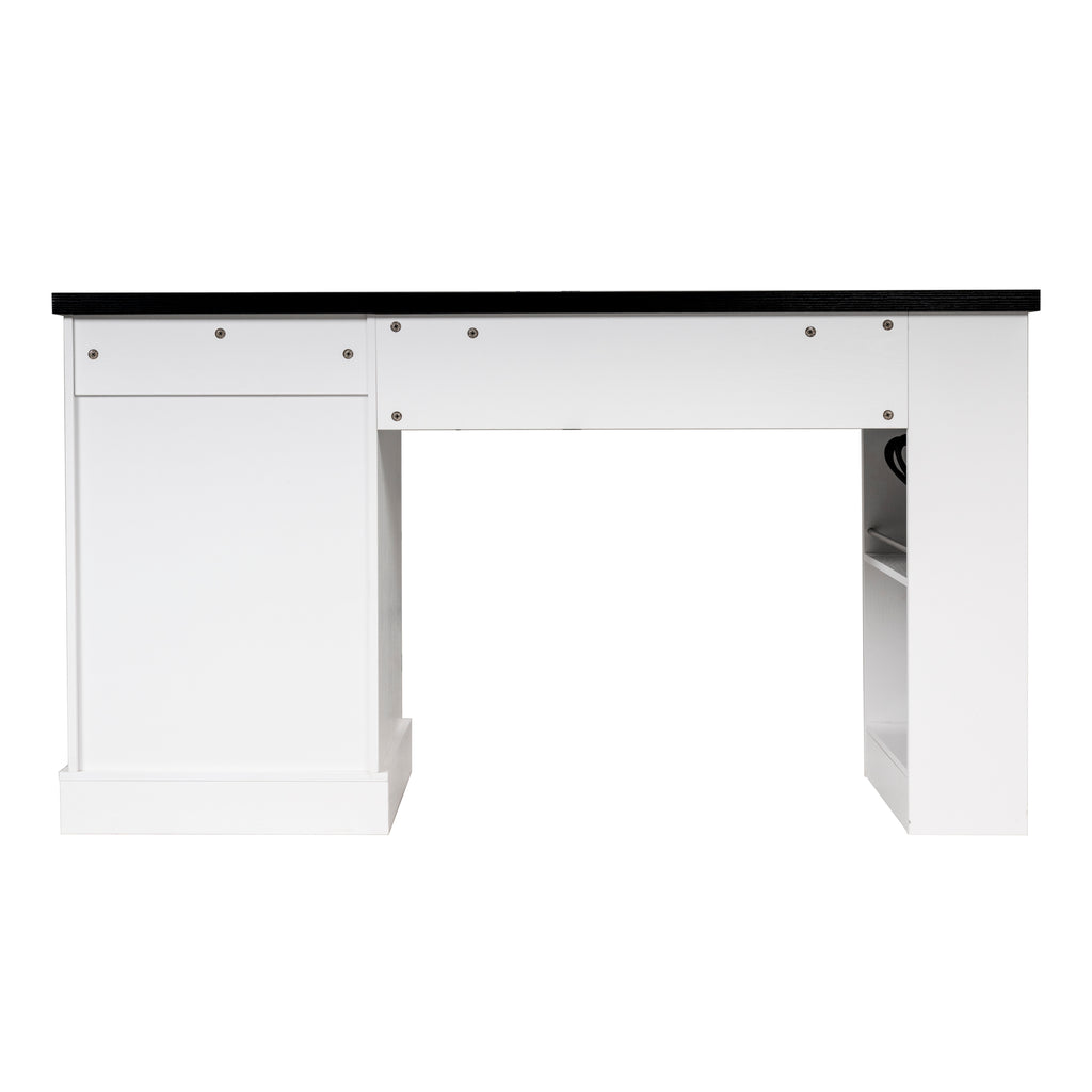 White Atelier Fluted Office Desk with storage cabinet, pegboard, and keyboard tray by Anthony & Home, 55 inches wide.