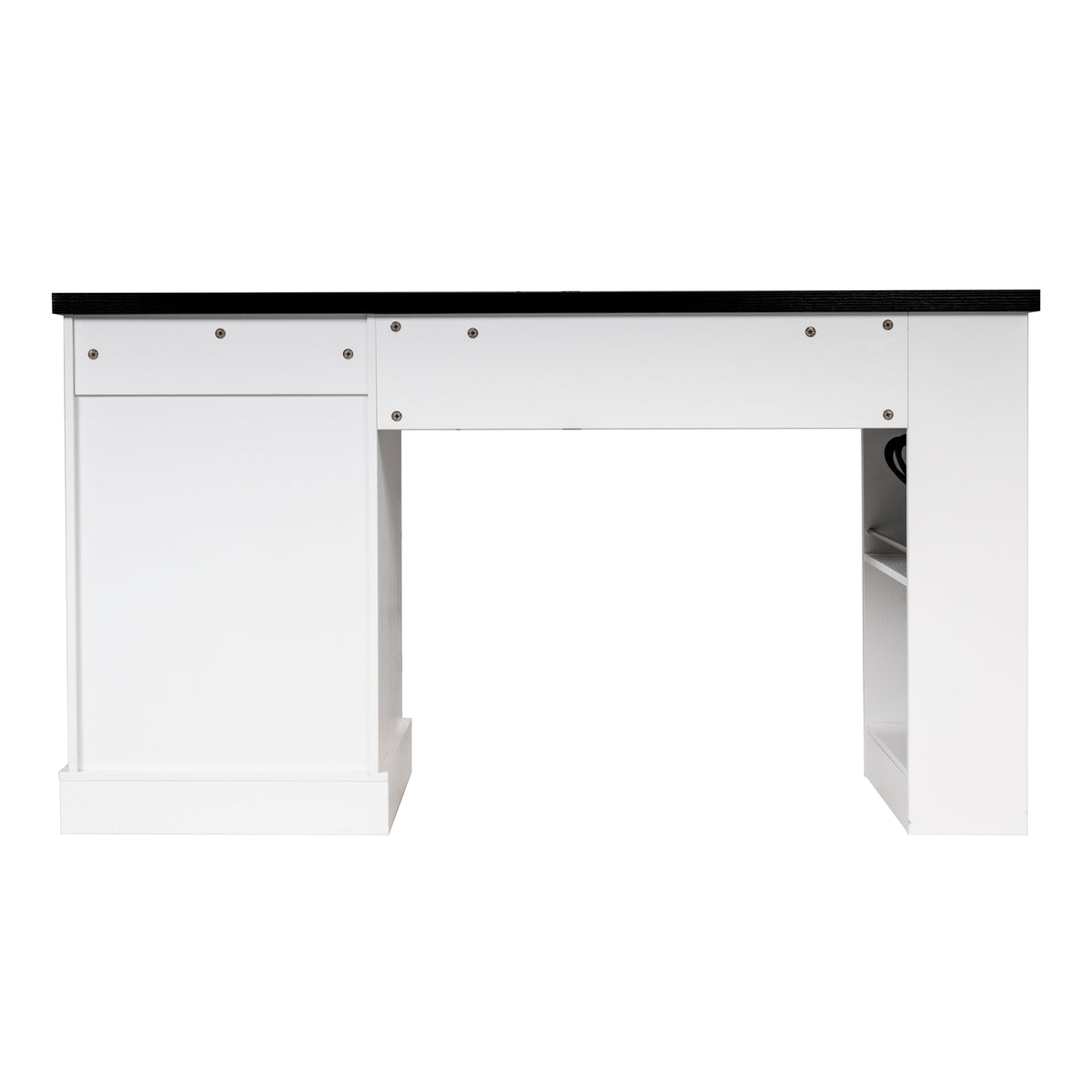 White Atelier Fluted Office Desk with storage cabinet, pegboard, and keyboard tray by Anthony & Home, 55 inches wide.