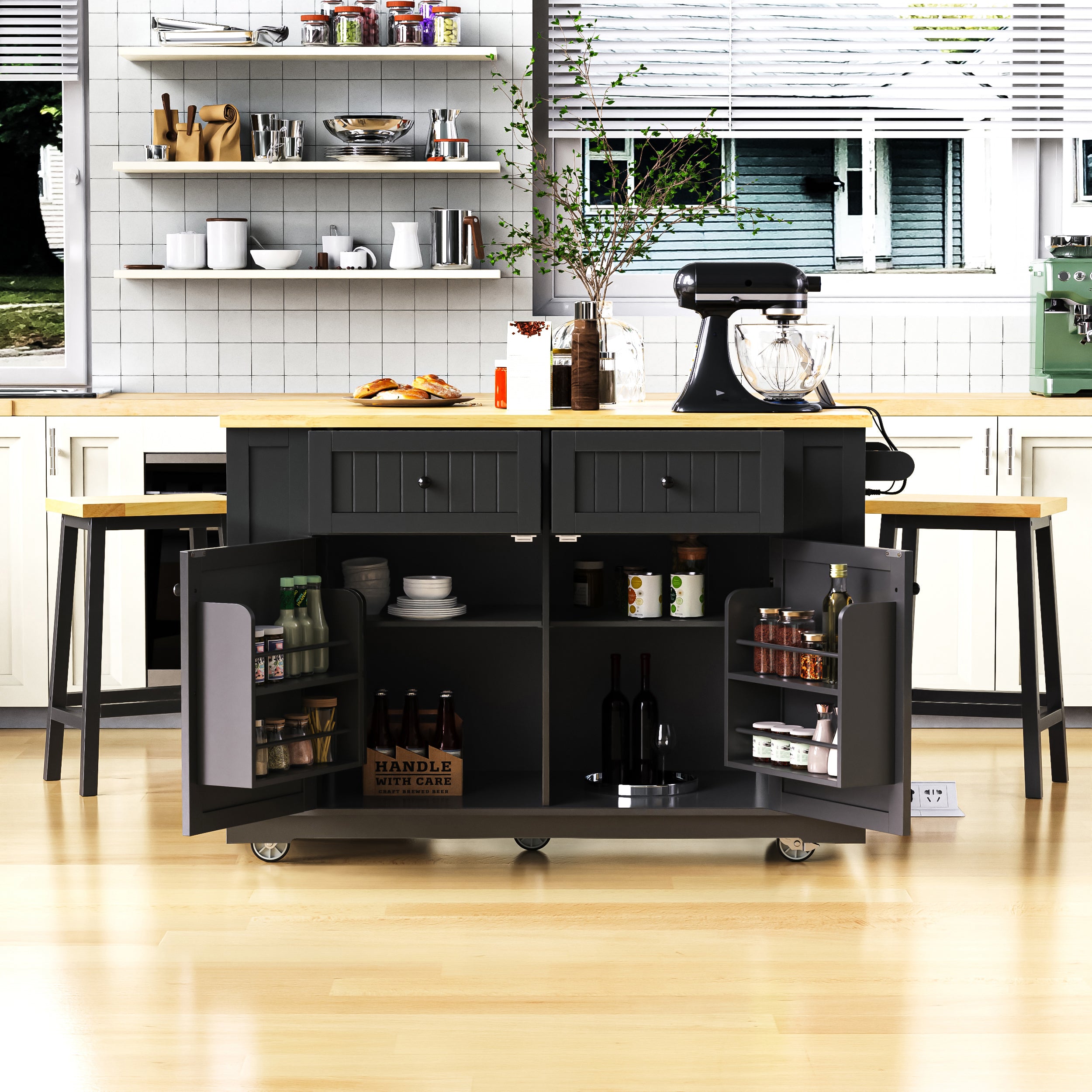 Luxury Black MDF Kitchen Island With Bar Stools Drop Leaf Power Outlet And Storage Drawers Limited Edition