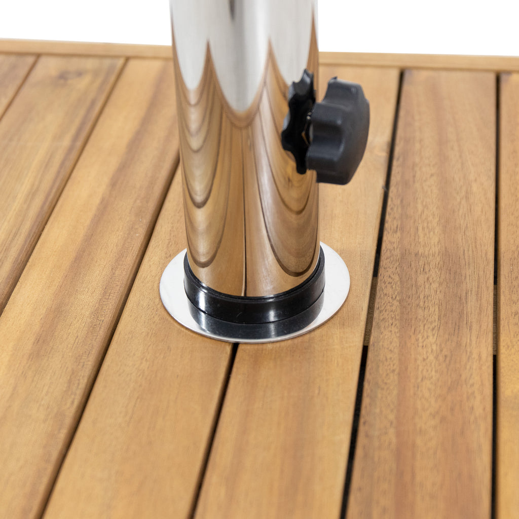 Anthony & Home Ralph Square Teak Umbrella Base Studio, sturdy teak base for outdoor patio umbrellas.