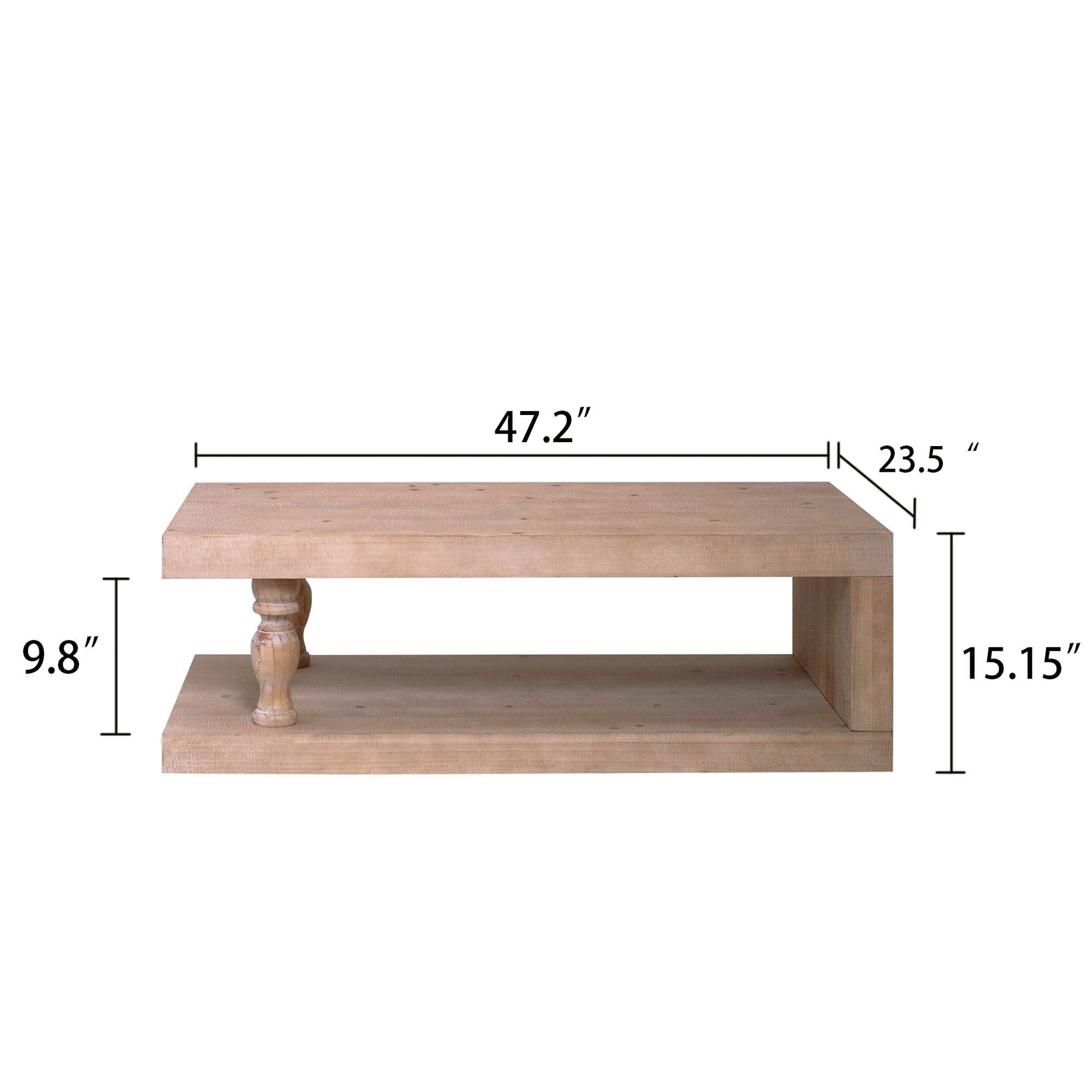 Solid wood coffee table from Anthony & Home in light natural finish with open shelf, modern farmhouse style.