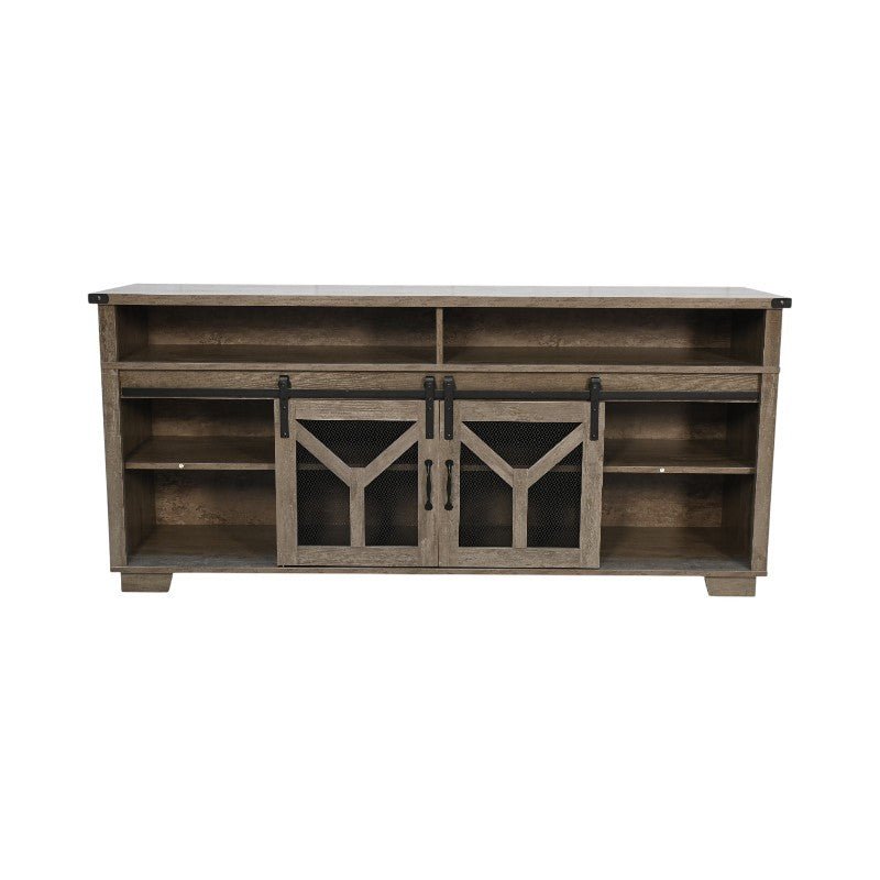 Iron mesh barn door TV stand by Anthony & Home, Signature Edition, featuring rustic iron mesh doors and wooden shelves.
