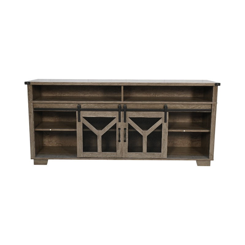 Iron Mesh Barn Door TV Stand With LED Lights Antique Grey Farmhouse Collection Signature Edition