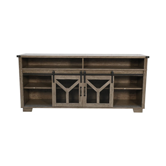 Iron Mesh Barn Door TV Stand With LED Lights Antique Grey Farmhouse Collection Signature Edition