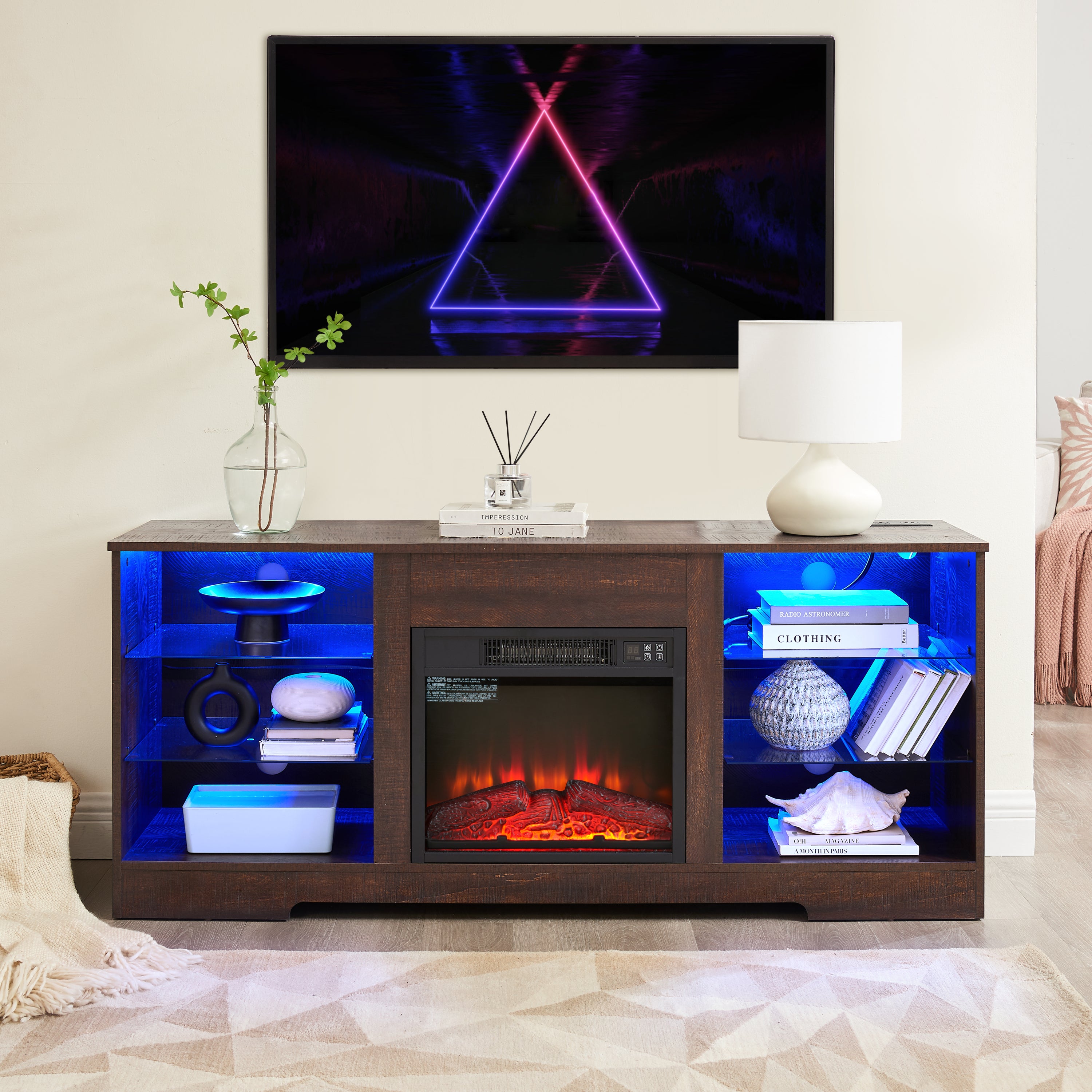 Anthony & Home electric fireplace TV stand with glass shelves, LED lighting, USB outlet, in the Studio Collection.