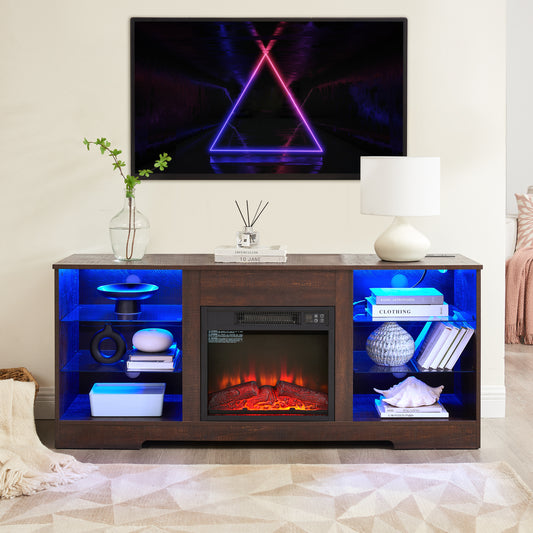 Anthony & Home electric fireplace TV stand with glass shelves, LED lighting, USB outlet, in the Studio Collection.