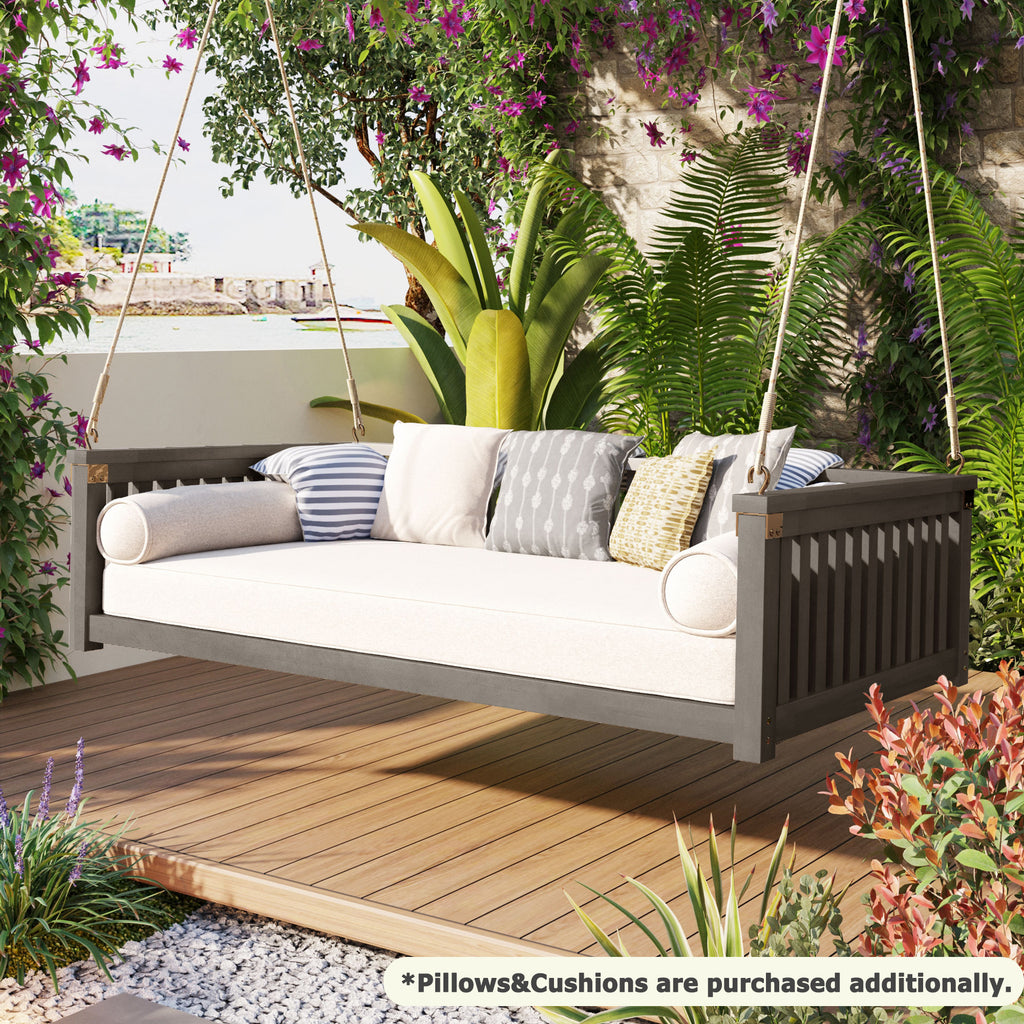 Twin size solid wood garden swing bed with rope, Anthony & Home outdoor furniture, displayed with rope seating in a garden setting.