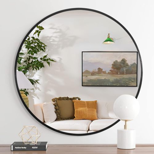 32 Inch Black Metal Framed Round Bathroom Mirror For Wall