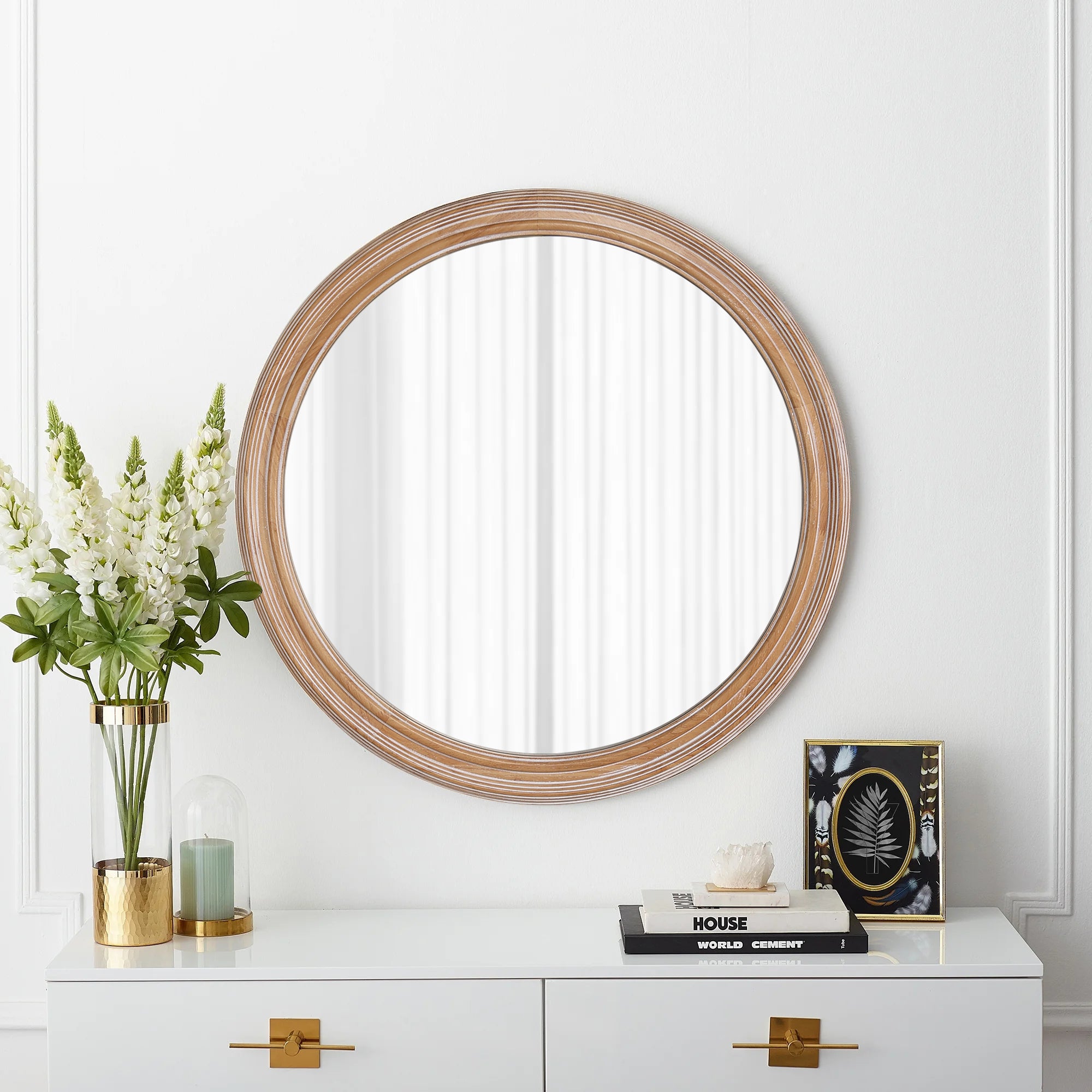 Antique whitewash wood and metal round wall mirror, 27.56 inches, from Anthony & Home Heritage Collection, hanging on a wall.
