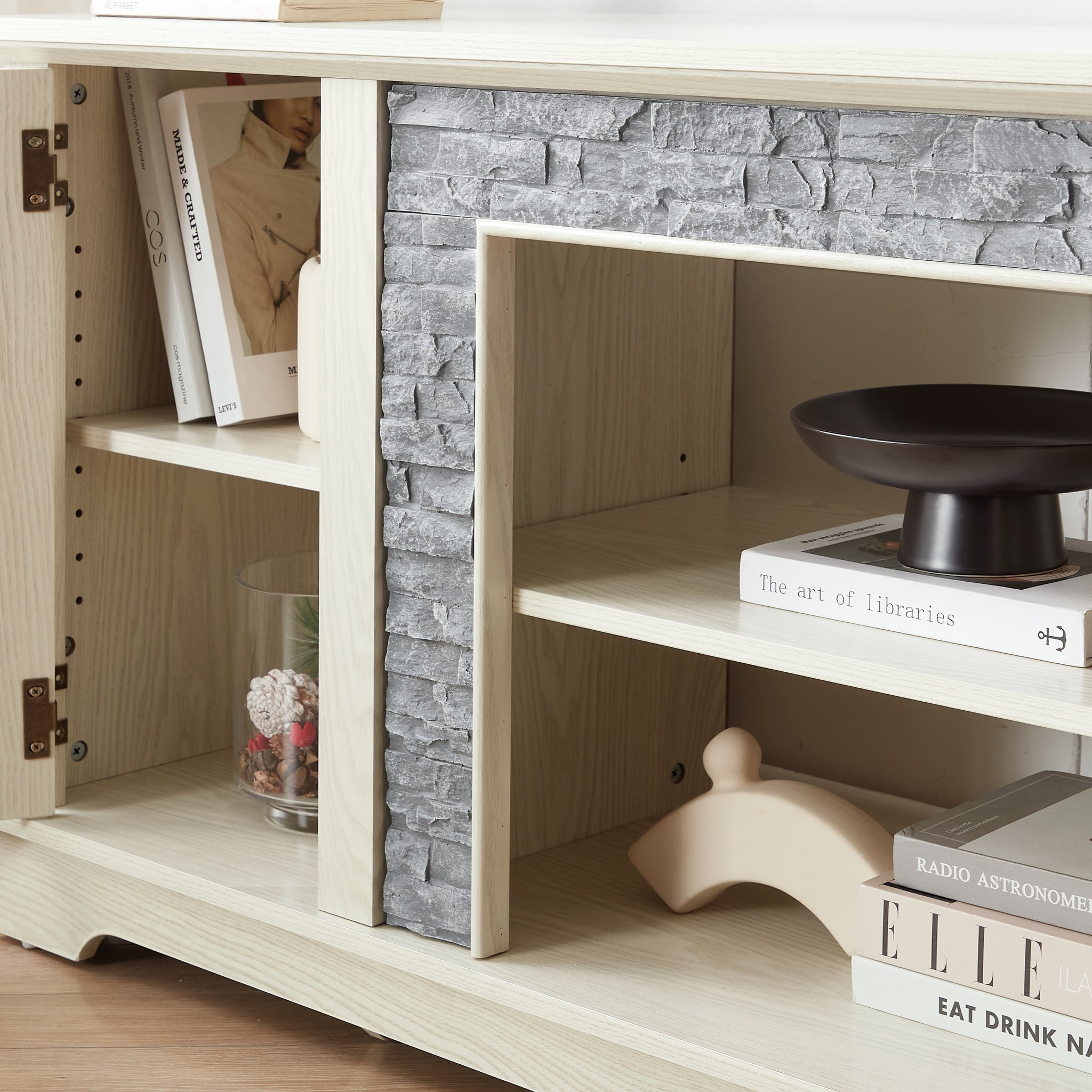 Anthony & Home Atelier White Faux Stone TV Stand, 70-inch with two doors, modern design and sturdy construction.