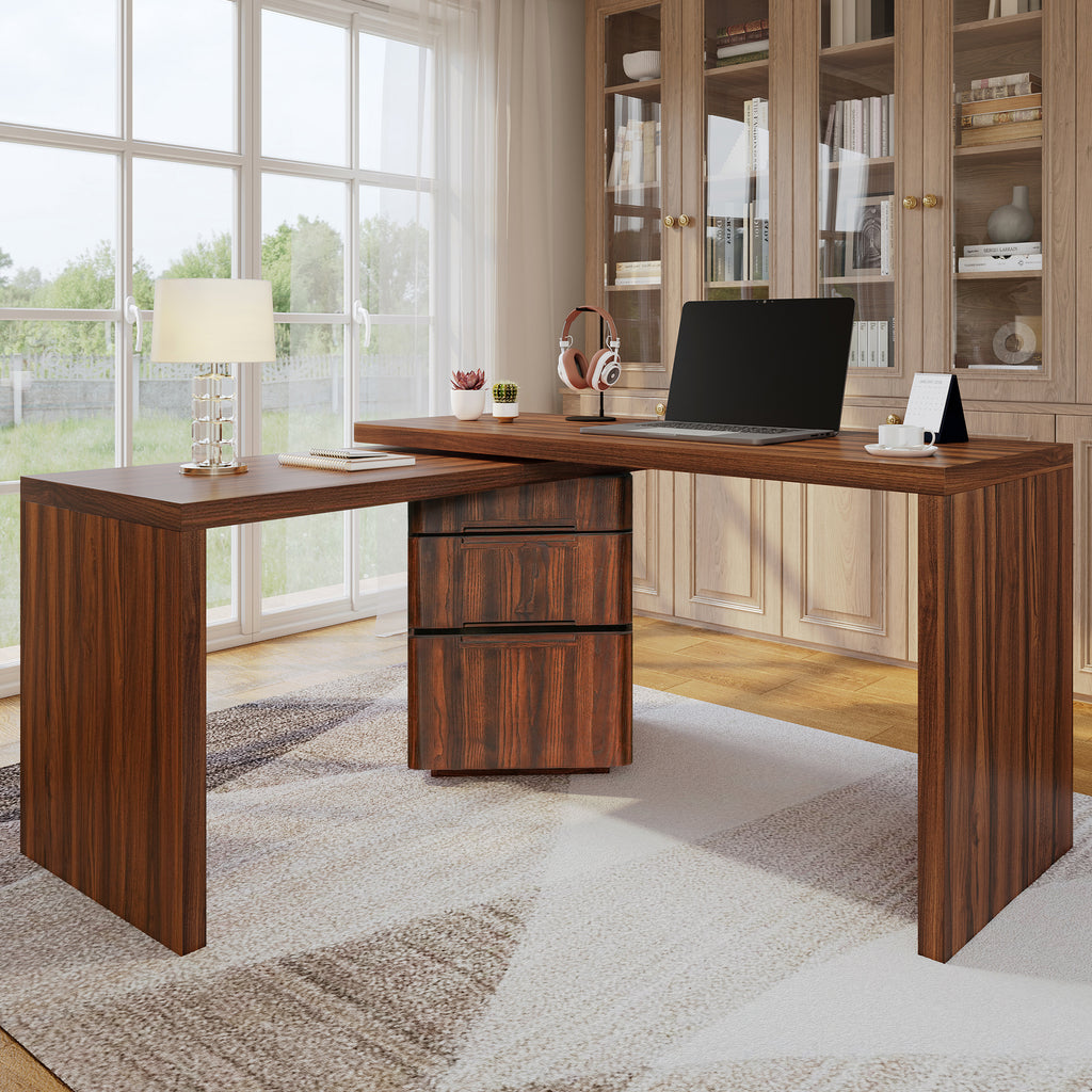 Walnut L-shaped desk by Anthony & Home with 3 drawers and 360-degree rotation, featuring a sleek, modern design.