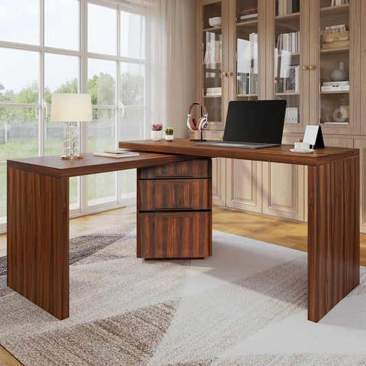 Walnut L-shaped desk by Anthony & Home with 3 drawers and 360-degree rotation, featuring a sleek, modern design.