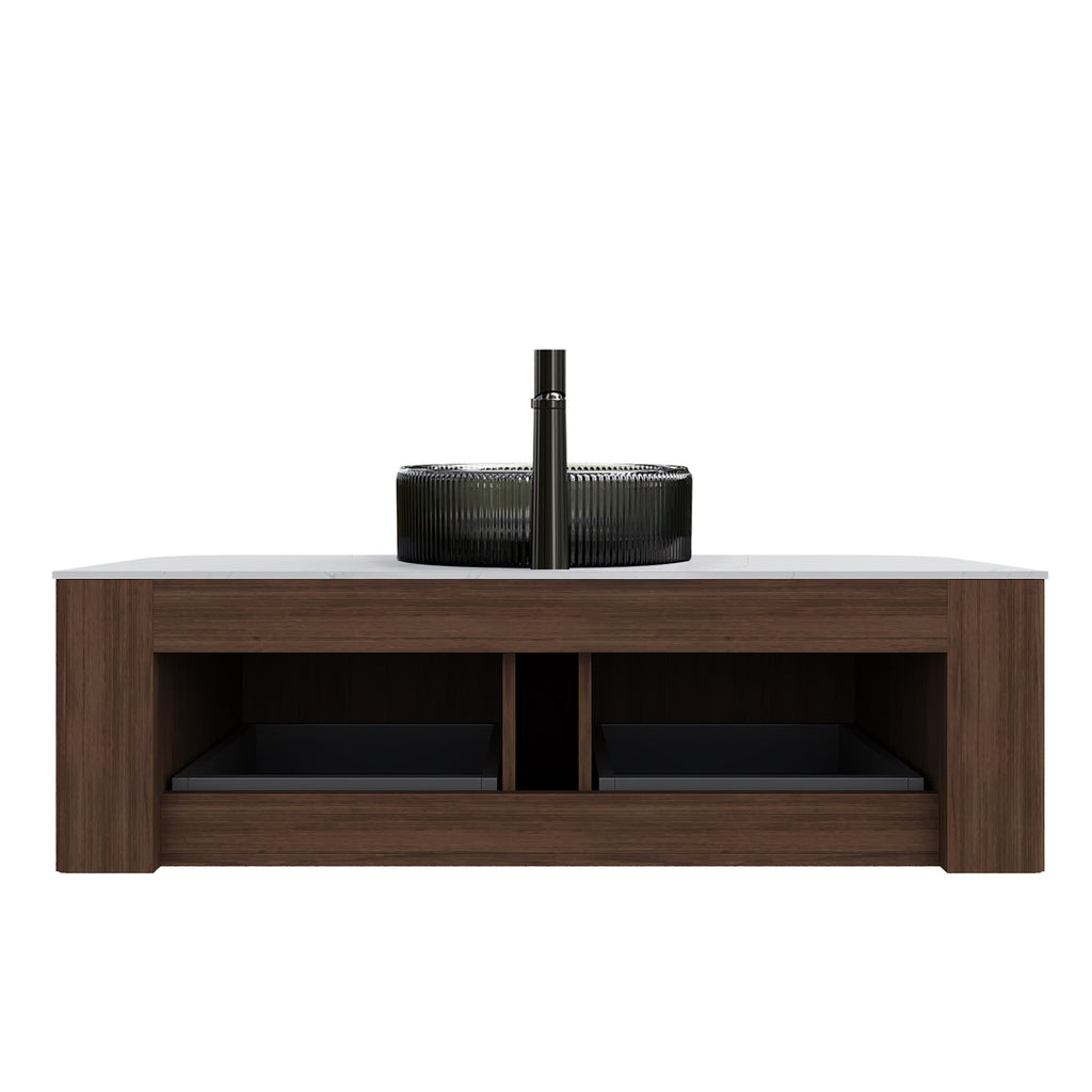 DINA 48' Bathroom Vanity with Sink, Wall - Mounted Curved Edges Striped Storage Cabinet with 2 Drawers, Transparent Black Round Glass Basin and Countertop, Pre - assembled, Dark Walnut Woodgrain Color - Anthony & Home