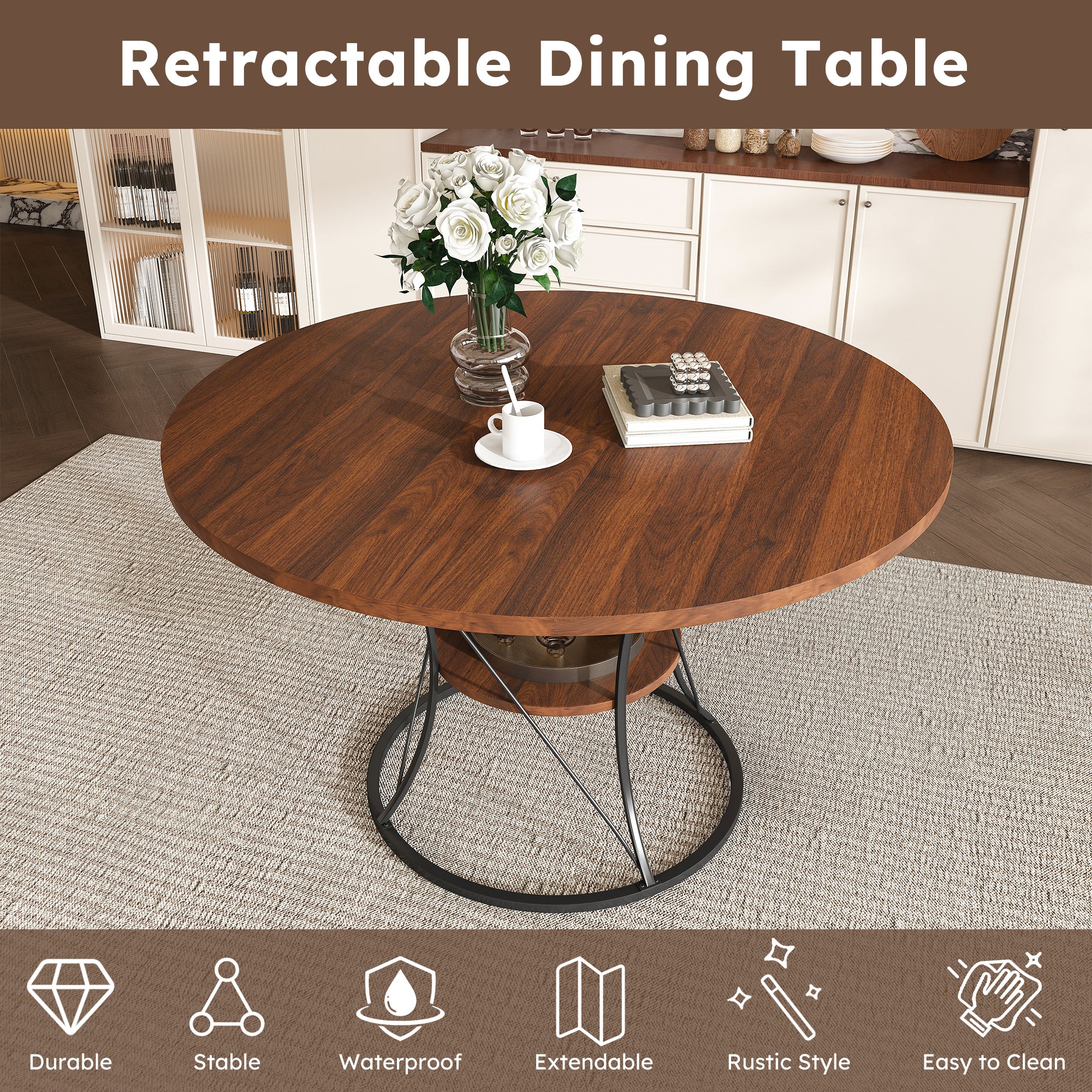 Anthony & Home studio round extendable dining table made of solid wood, showing its smooth surface and extendable mechanism.