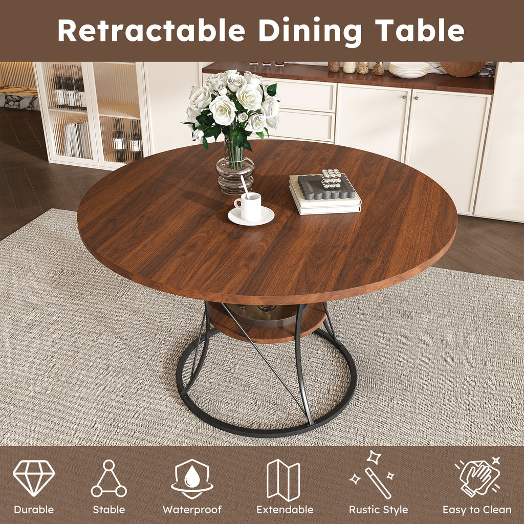 Anthony & Home studio round extendable dining table made of solid wood, showing its smooth surface and extendable mechanism.