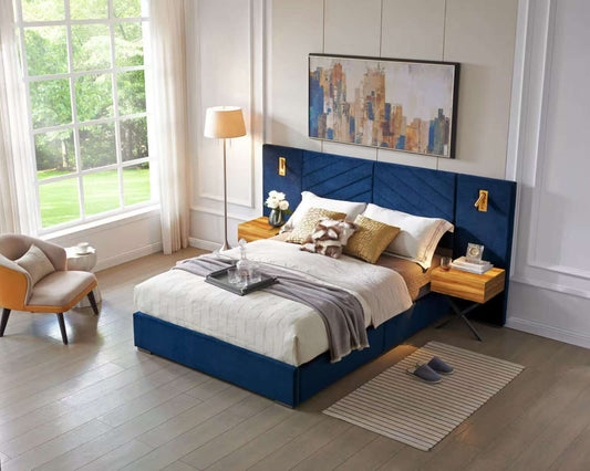 Velvet Queen Bed Frame With Vertical Channel Tufted Wingback Headboard And Wood Slats Exclusive