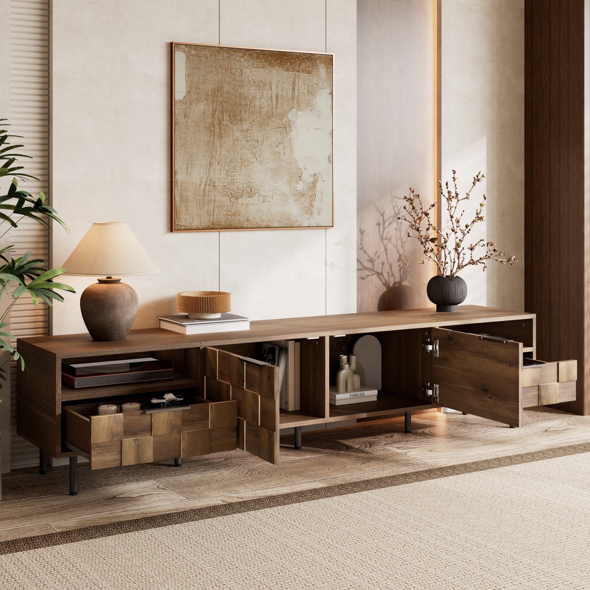 Mid-century Anthony & Home TV stand in natural finish with two drawers, modern studio design, and clean wooden surface.