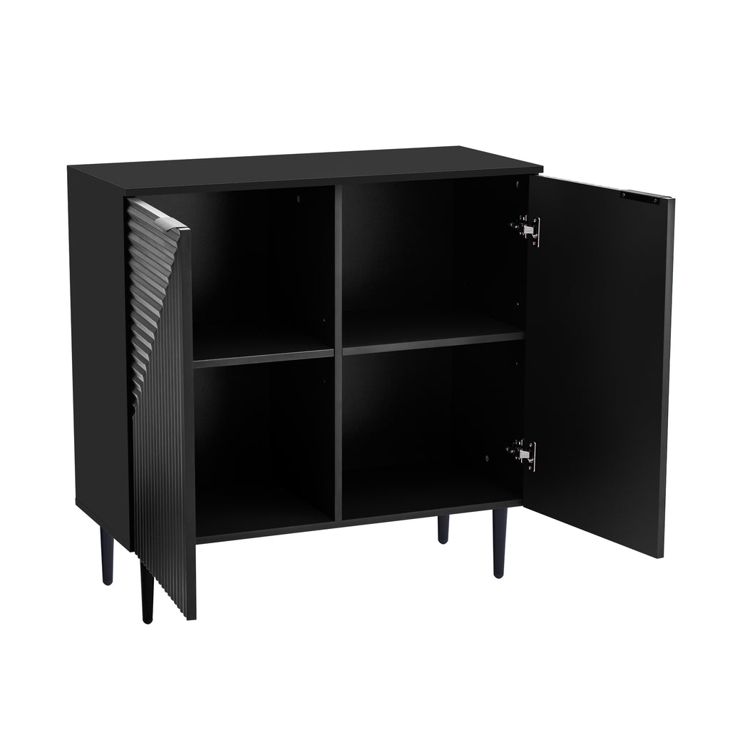 Anthony & Home Mirod Atelier side cabinet with geometric doors, showcasing modern design and sleek wood finish.