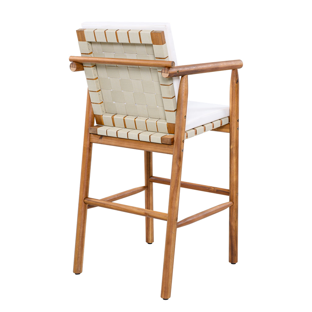 Set of two Anthony & Home Acacia outdoor counter stools with backrests, featuring natural wood finish and sturdy design.