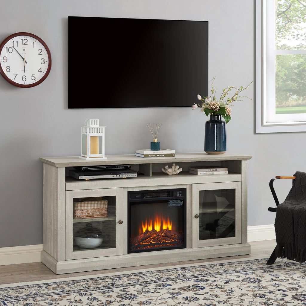 Stone gray finish Studio TV media console with fireplace from Anthony & Home, featuring sleek design and built-in fire feature.