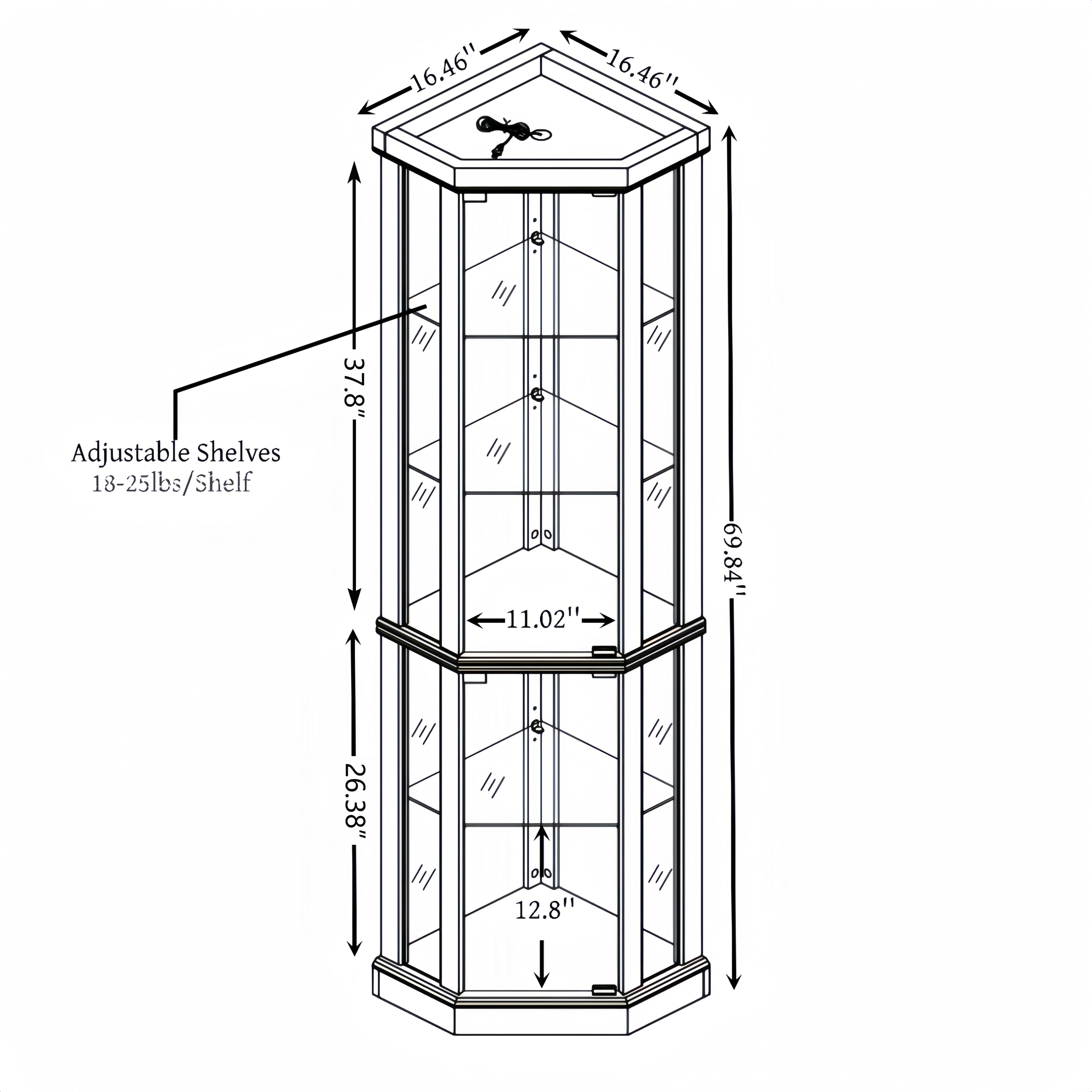 Corner lighted curio cabinet in dark oak wood by Anthony & Home, showcasing glass doors and interior display shelves.