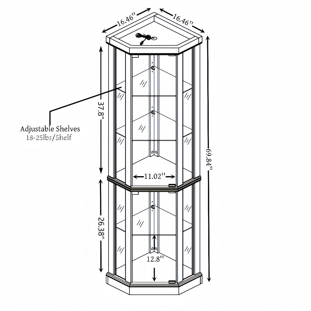 Corner lighted curio cabinet in dark oak wood by Anthony & Home, showcasing glass doors and interior display shelves.