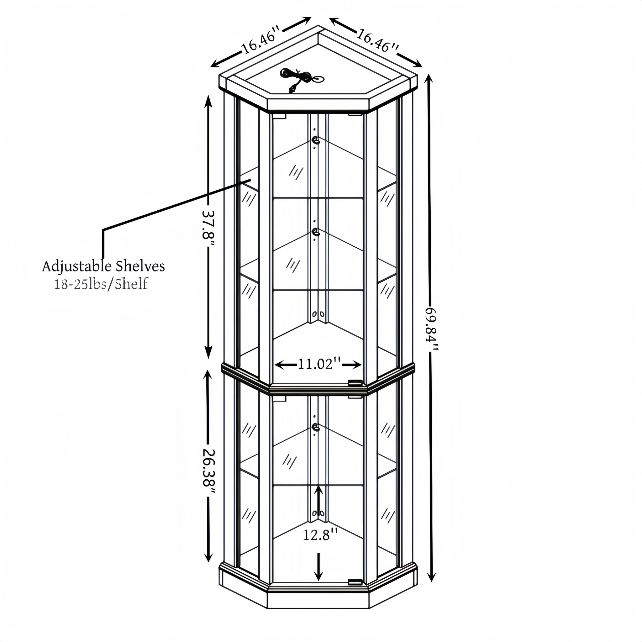Corner lighted curio cabinet in dark oak wood by Anthony & Home, showcasing glass doors and interior display shelves.