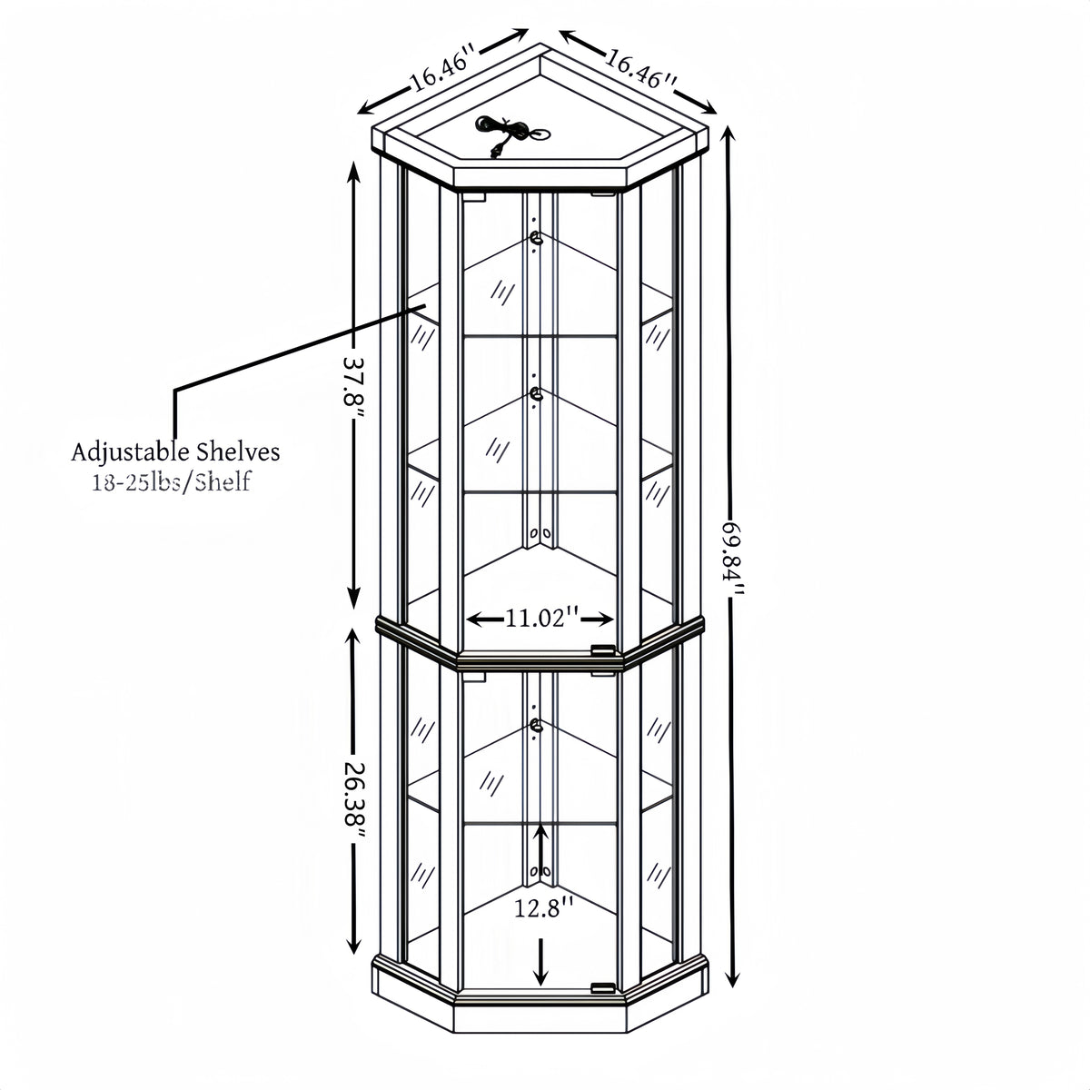 Corner lighted curio cabinet in dark oak wood by Anthony & Home, showcasing glass doors and interior display shelves.