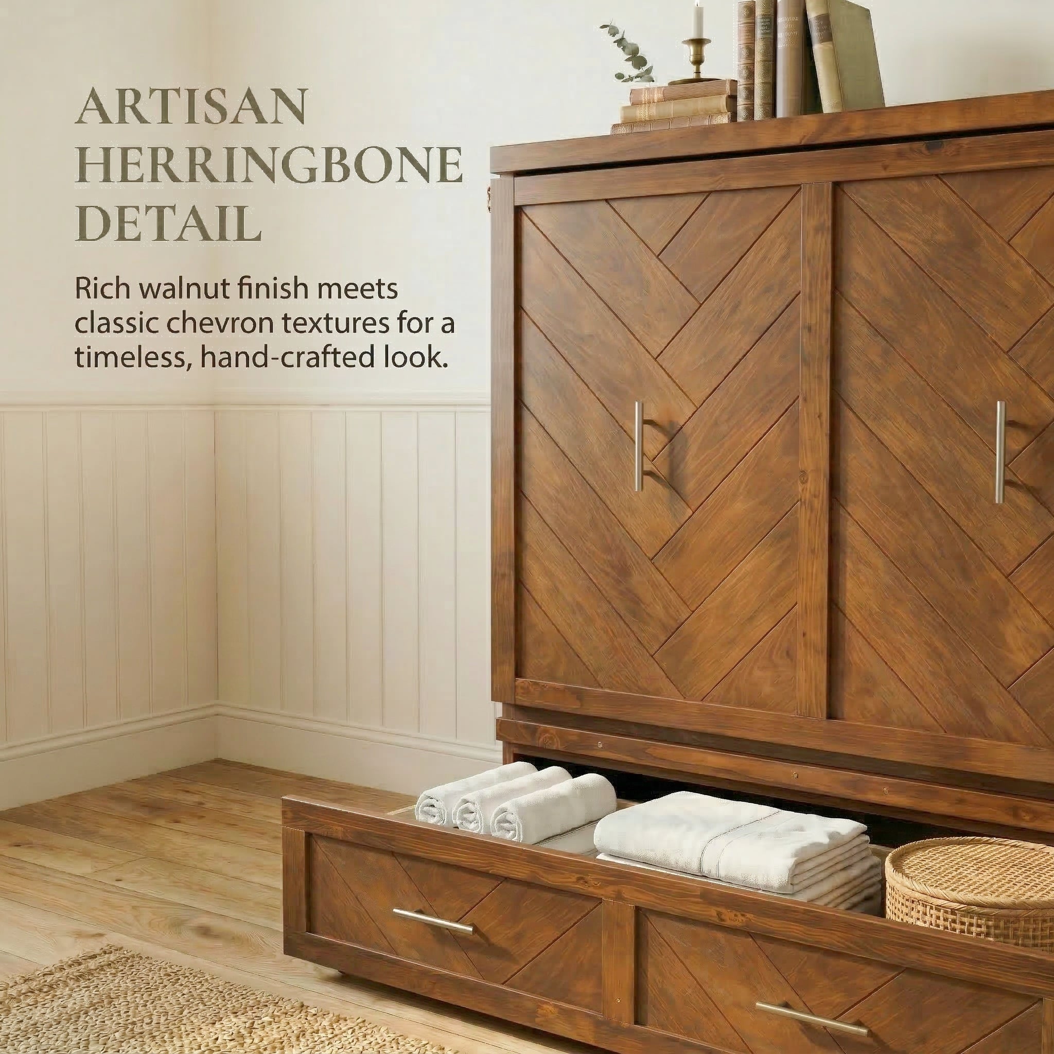 Queen size Walnut Cabinet Murphy bed with USB charging and geometric panel from Anthony & Home Studio Collection