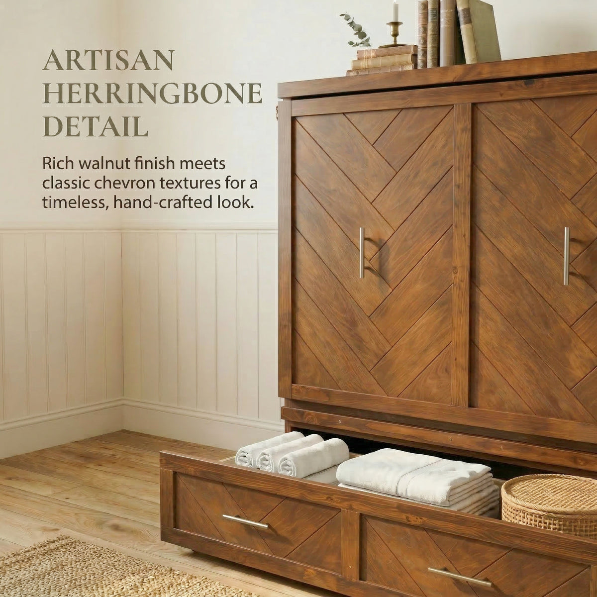 Queen size Walnut Cabinet Murphy bed with USB charging and geometric panel from Anthony & Home Studio Collection