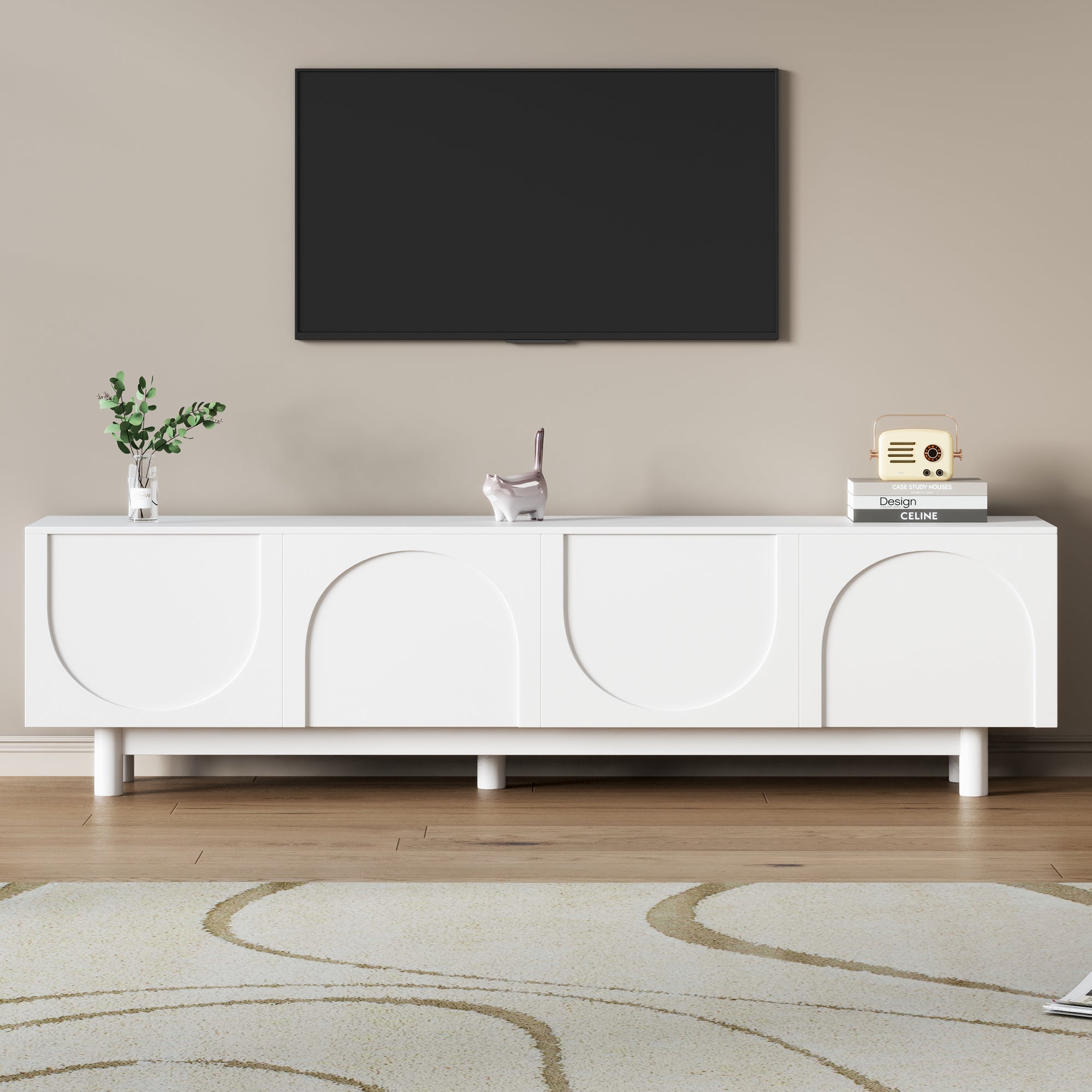 Anthony & Home Studio Graceful TV stand with arch cabinets and solid wood legs, modern entertainment unit for living room decor.