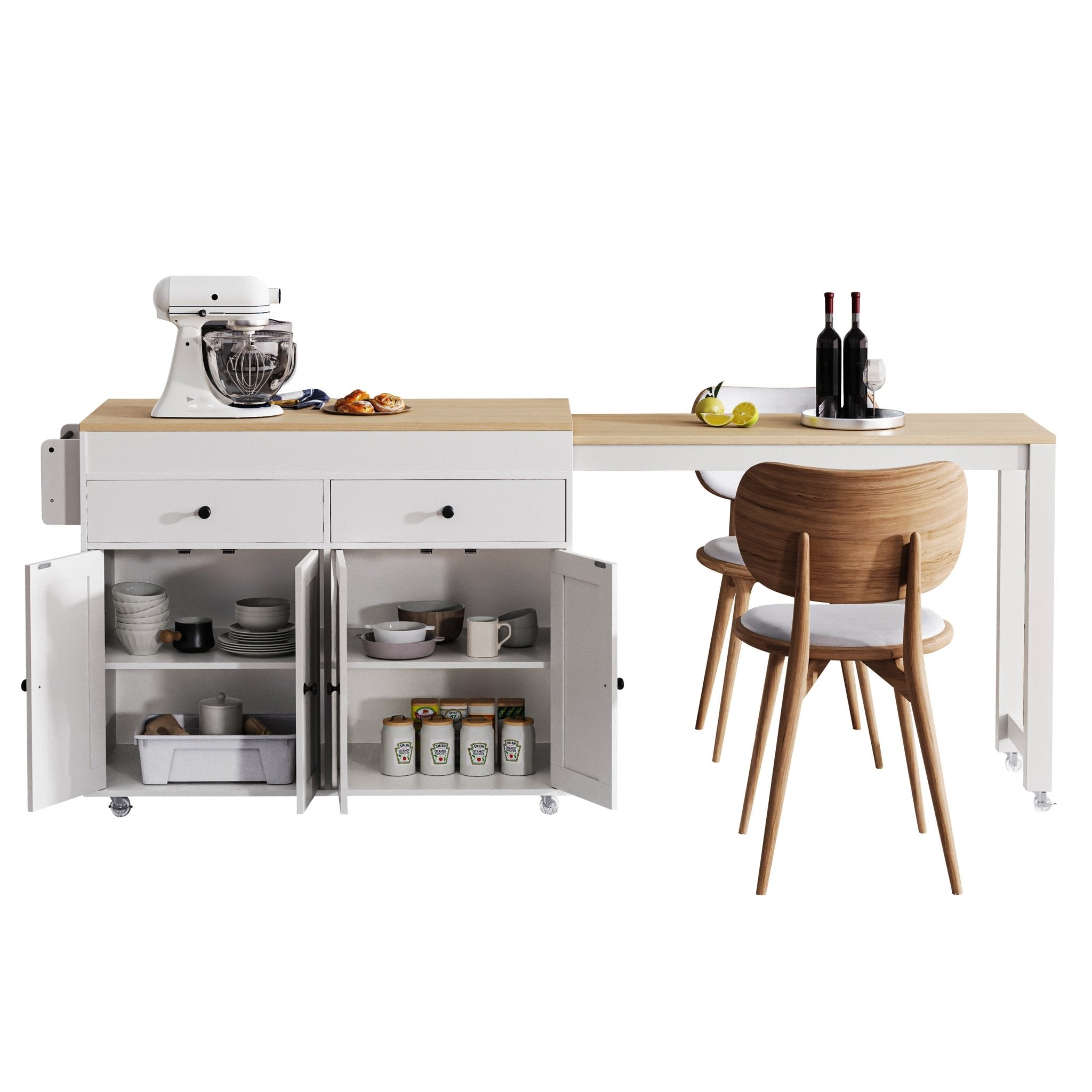 Anthony & Home Signature Maple Wood Kitchen Island with Extendable Table, showing the sturdy wood surface and adjustable extension feature.