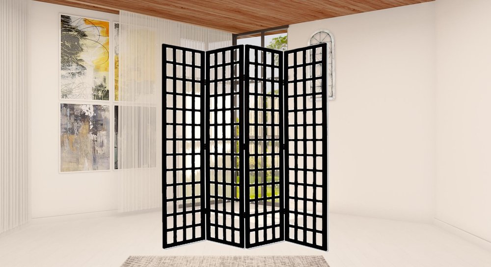 96" Black And White Folding Four Panel Screen Room Divider