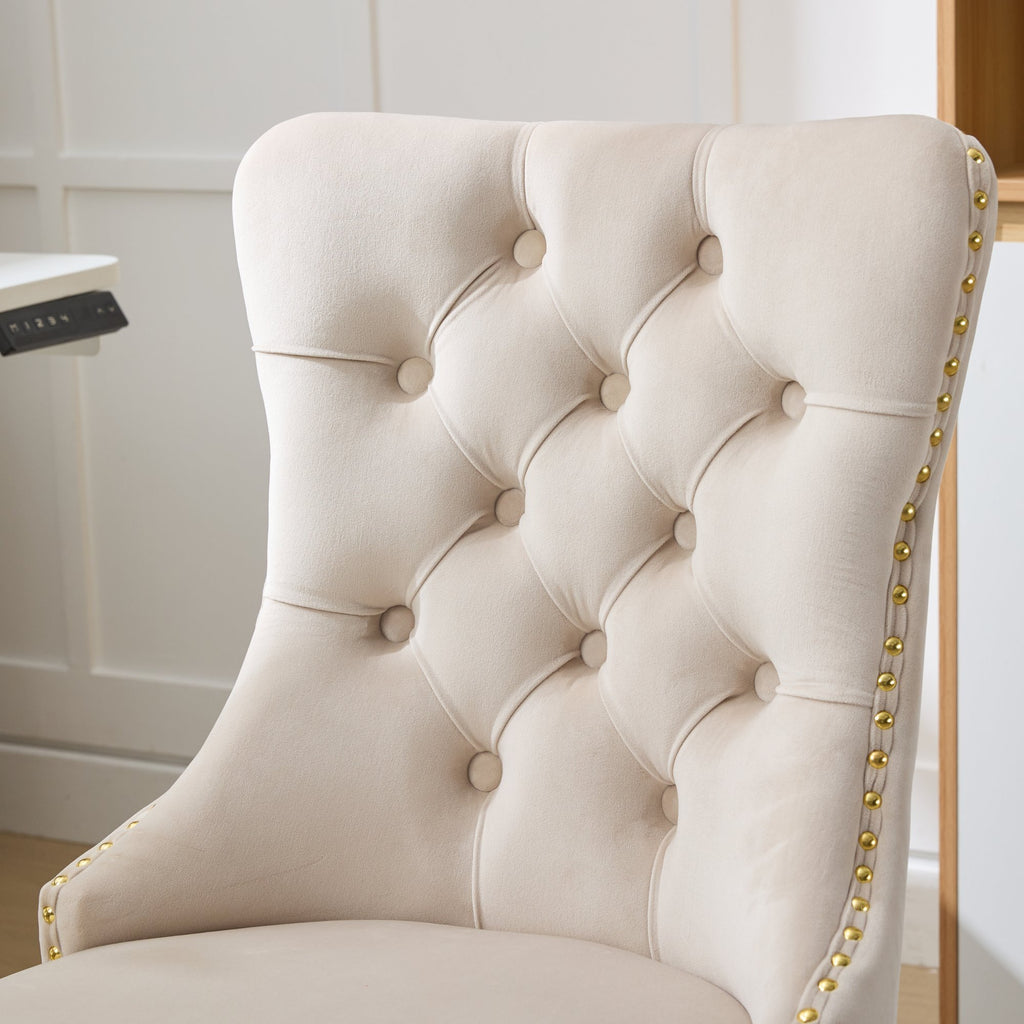 Beige A&A velvet tufted office chair by Anthony & Home with adjustable height, swivel base, contemporary ergonomic design.