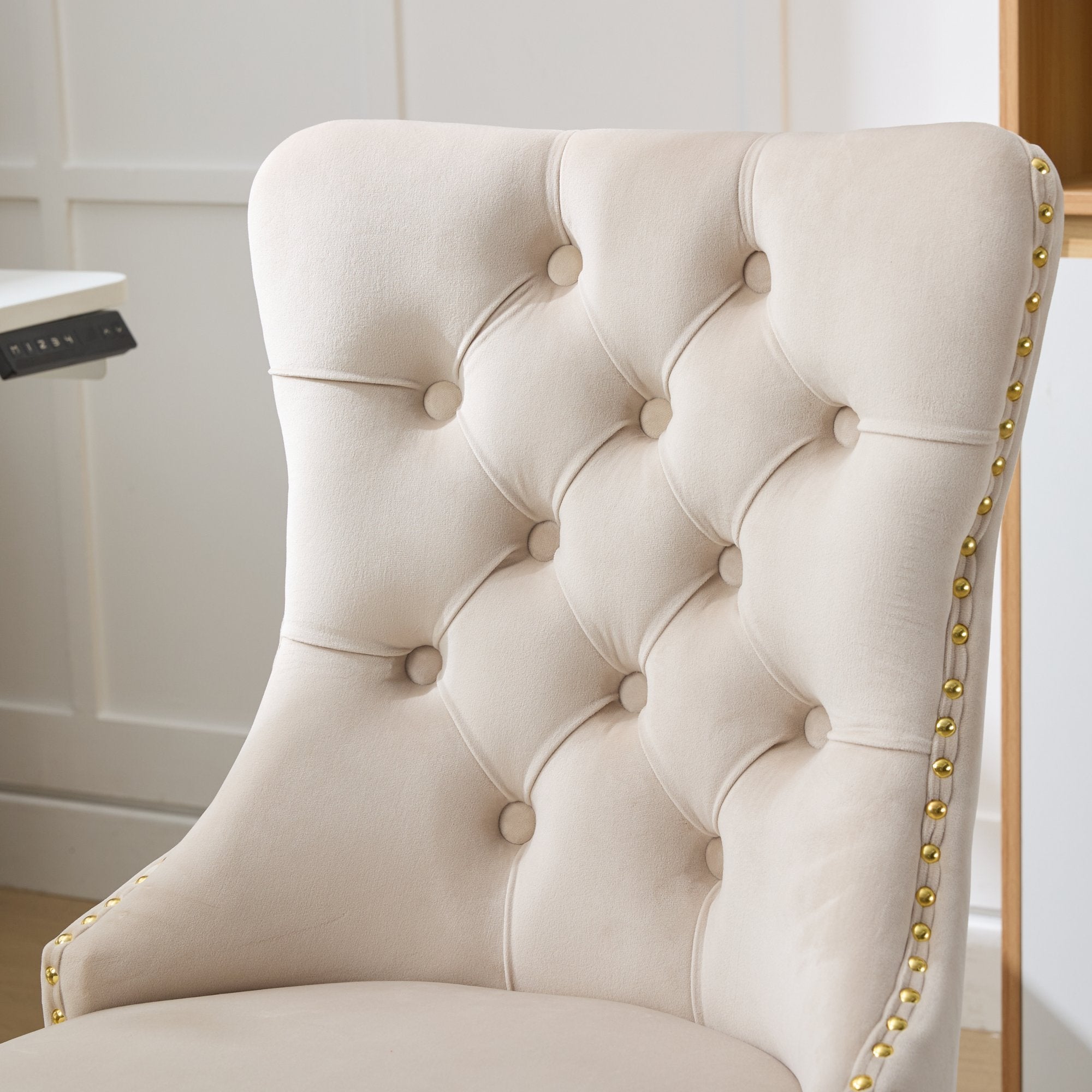 Beige A&A velvet tufted office chair by Anthony & Home with adjustable height, swivel base, contemporary ergonomic design.