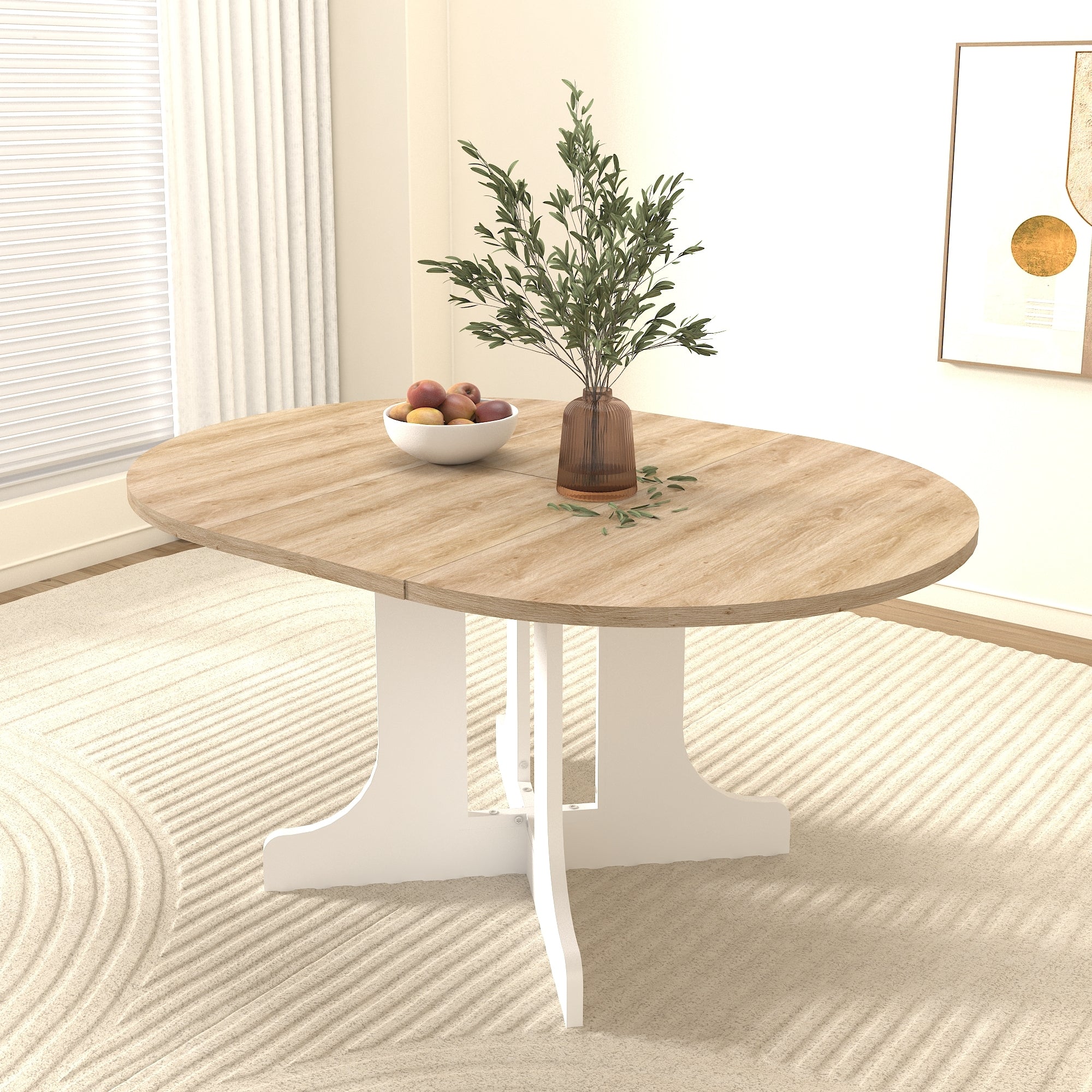 White Oak Edition oval dining table with expandable leaf by Anthony & Home, showcasing smooth wood surface and sturdy legs.