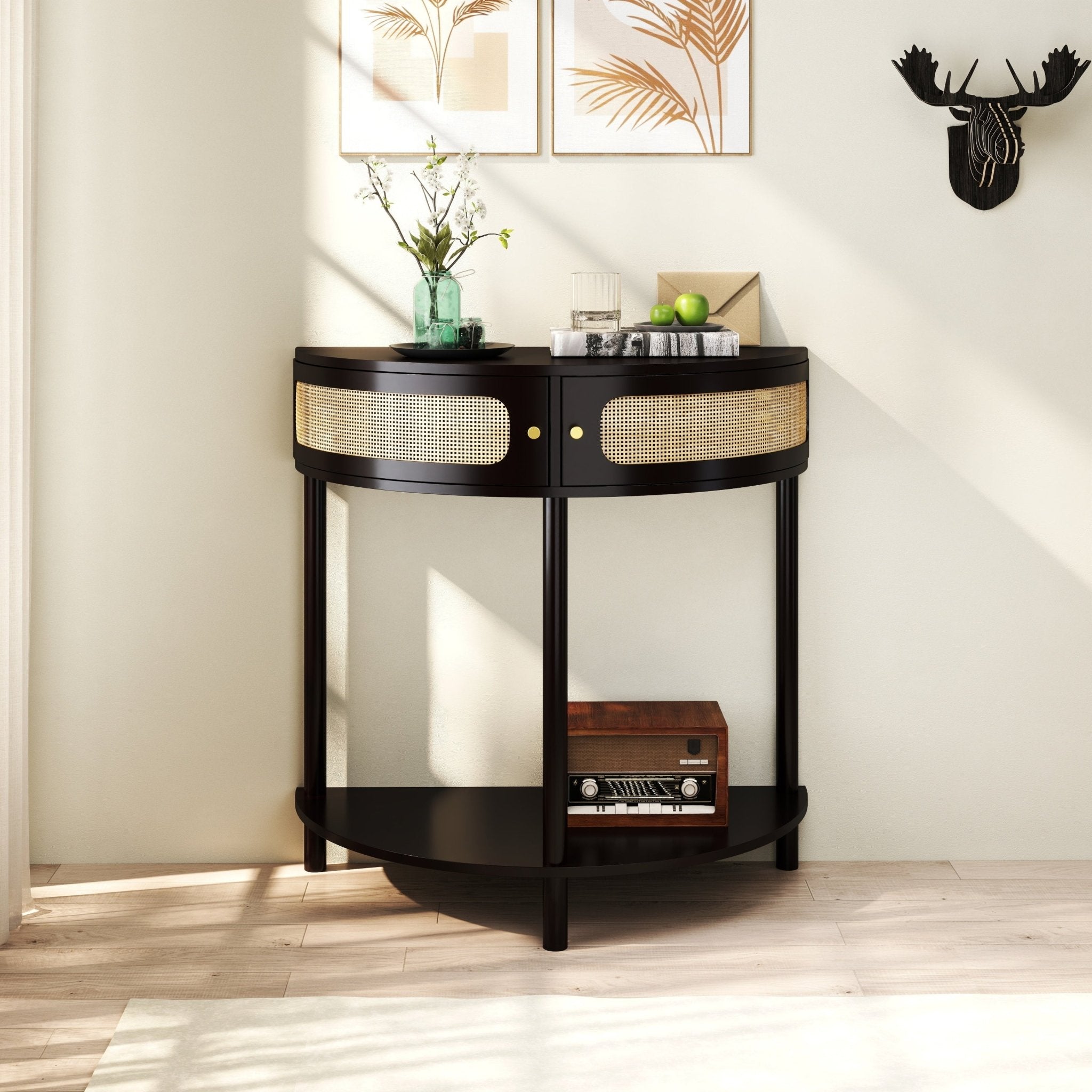 Black Atelier Demi-Lune End Table by Anthony & Home, made of solid wood with a sleek curved design.