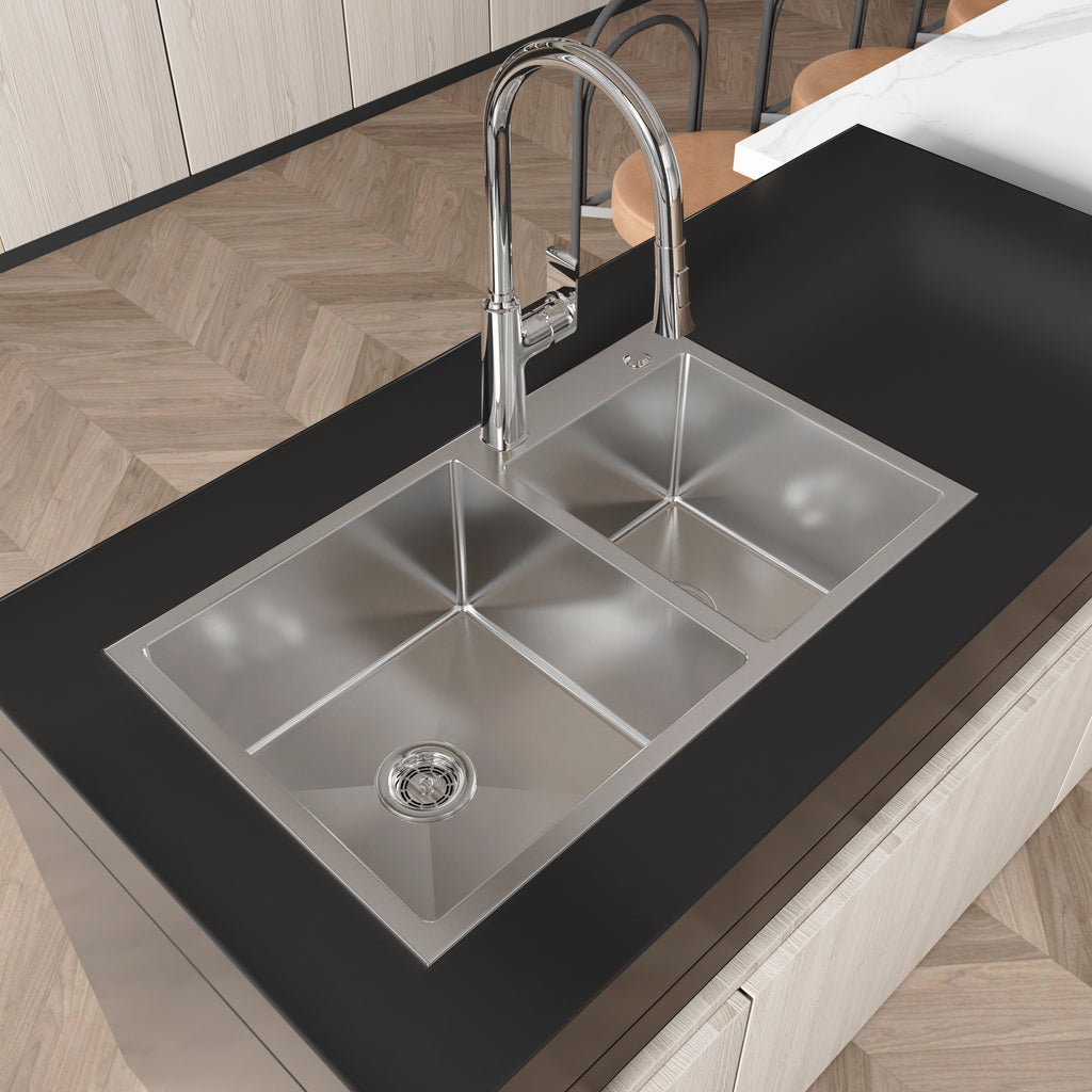 Brushed nickel stainless steel kitchen sink with double bowls, 32x19 inches, from Anthony & Home Studio Collection.