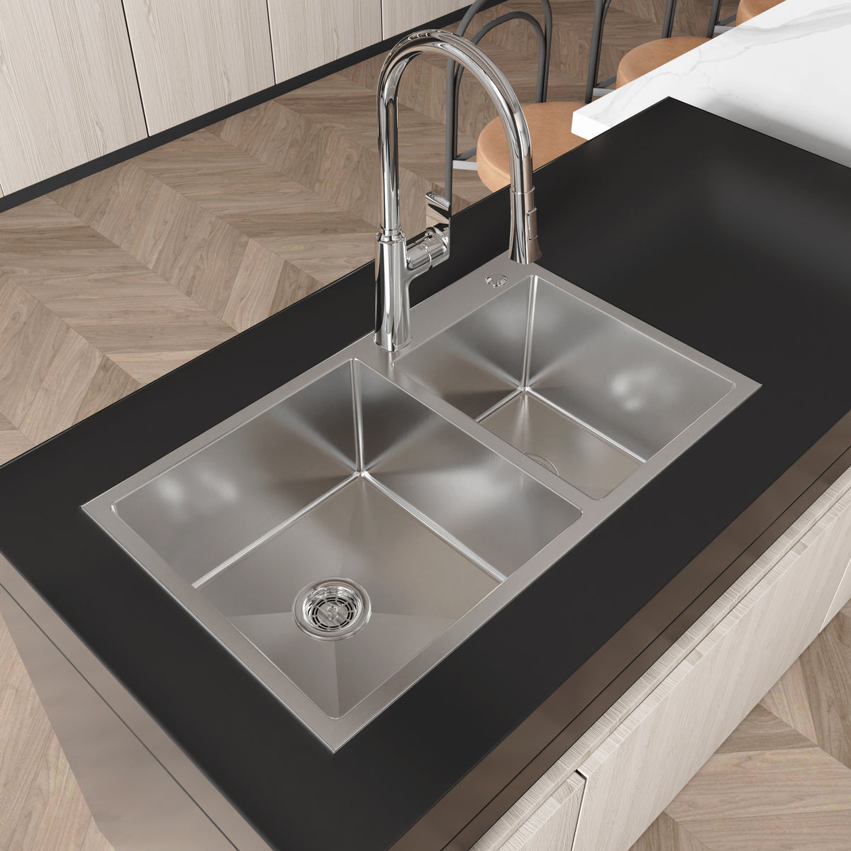 Brushed nickel stainless steel kitchen sink with double bowls, 32x19 inches, from Anthony & Home Studio Collection.