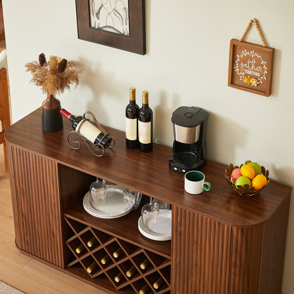 Walnut 58-inch modern sideboard with wavy curves from Anthony & Home, featuring sleek design and spacious storage.